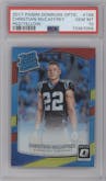 Christian McCaffrey from the 2017 Panini Donruss Optic set featuring a Red/Yellow parallel graded by PSA and given an overall grade of 10.