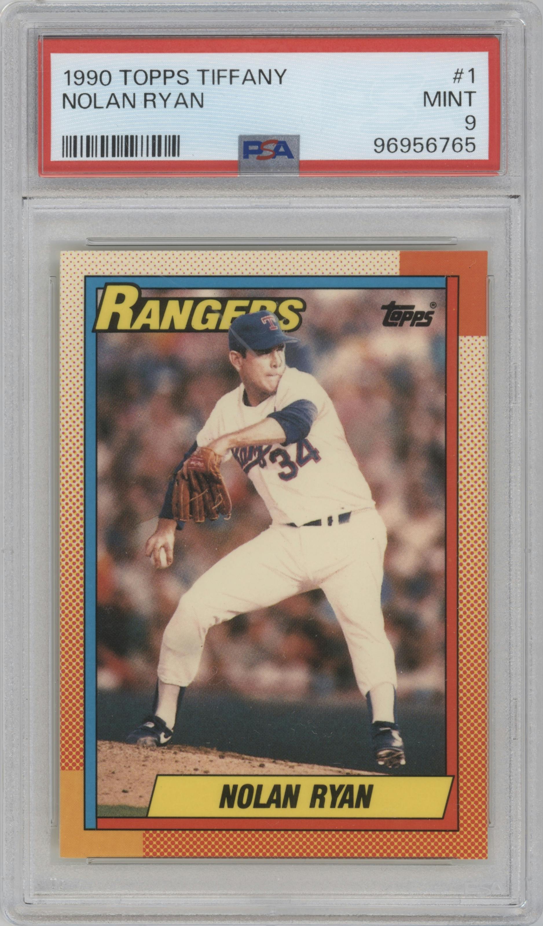 Nolan Ryan from the 1990 Topps Tiffany set graded by PSA and given an overall grade of 9.