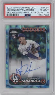 Yoshinobu Yamamoto from the 2024 Topps Chrome Update set featuring a Lava Lamp Blue / Green Refractors parallel graded by PSA and given an overall grade of 10.