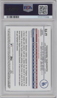 Yoshinobu Yamamoto from the 2024 Topps Chrome Update set featuring a Lava Lamp Blue / Green Refractors parallel graded by PSA and given an overall grade of 10.