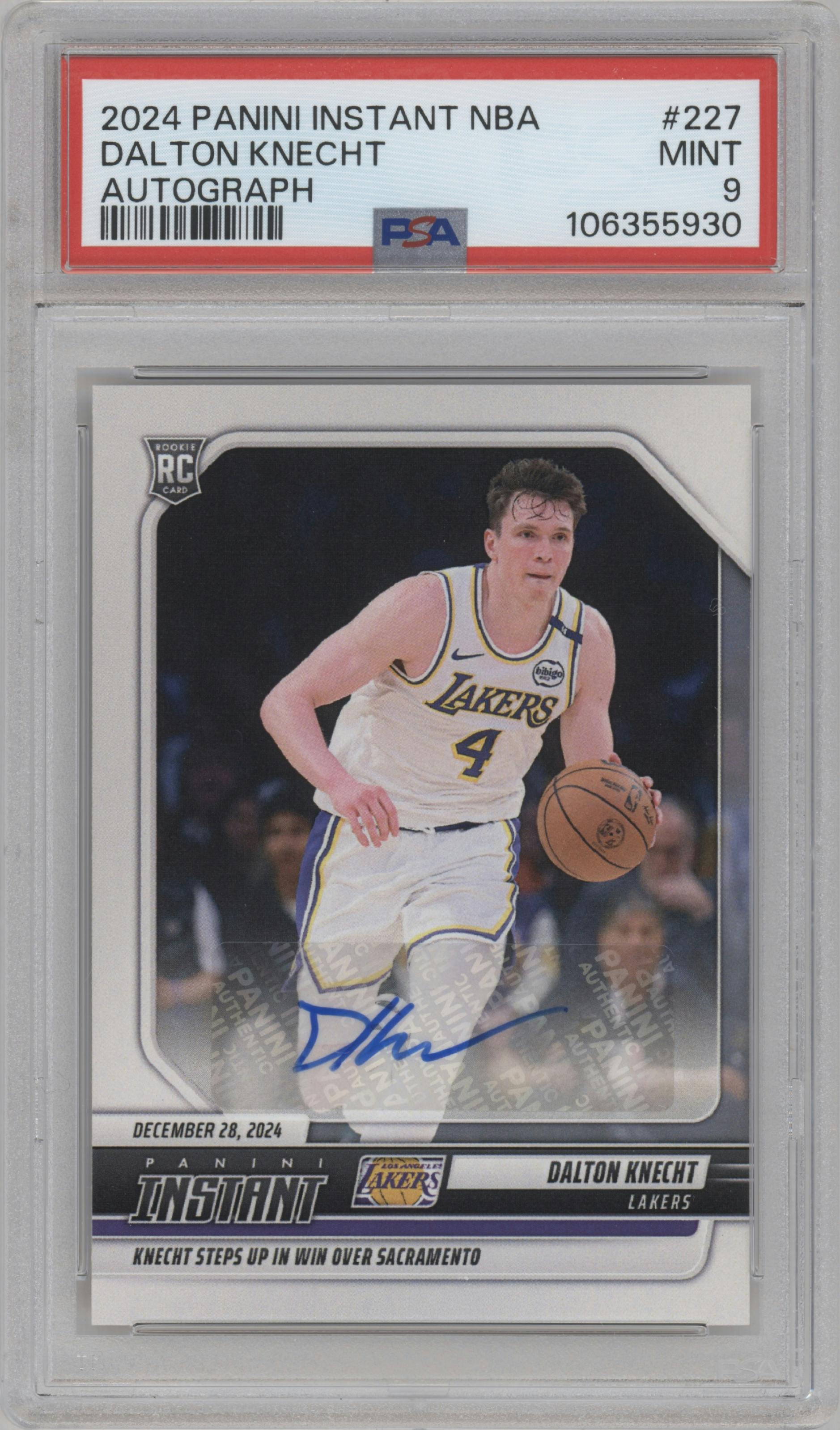 Dalton Knecht from the 2024-25 Panini Instant NBA set graded by PSA and given an overall grade of 9.