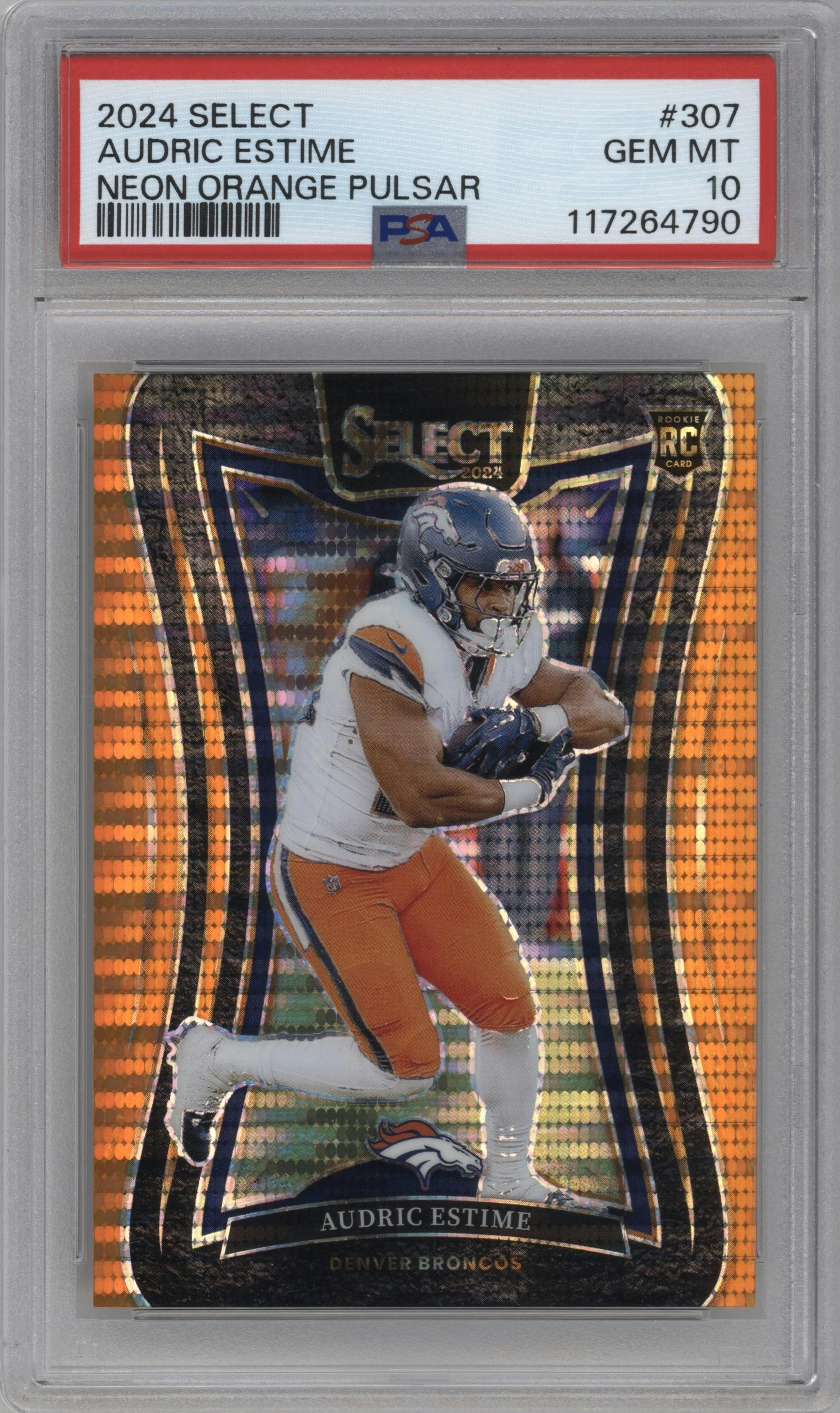 Audric Estime from the 2024 Panini Select set featuring a Neon Orange Pulsar  parallel graded by PSA and given an overall grade of 10.