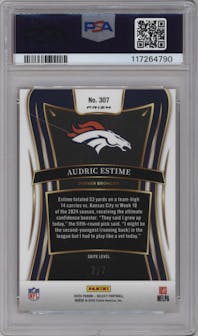 Audric Estime from the 2024 Panini Select set featuring a Neon Orange Pulsar  parallel graded by PSA and given an overall grade of 10.