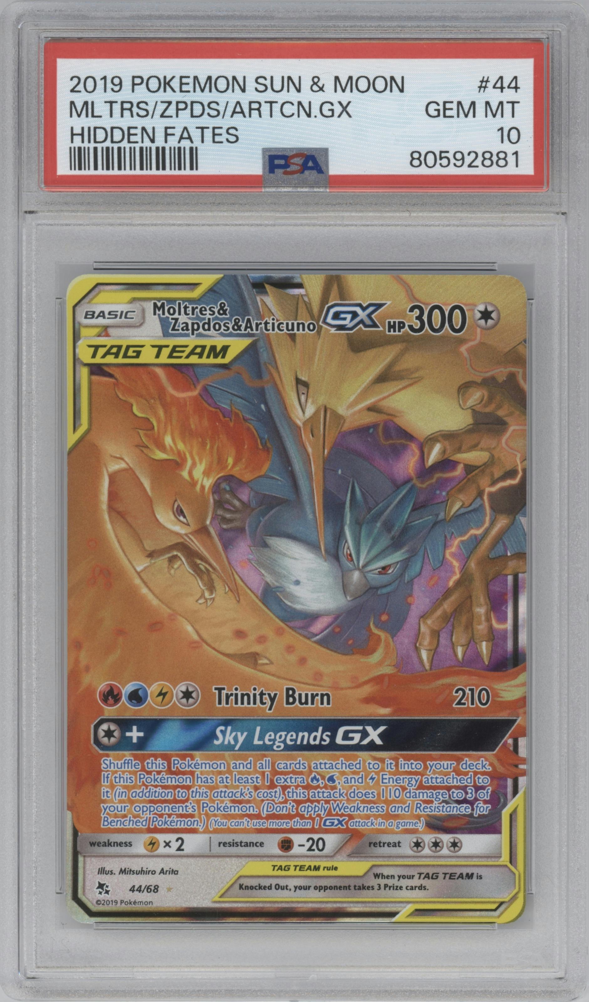 Moltres & Zapdos & Articuno GX from the 2019 Pokemon S&M  set graded by PSA and given an overall grade of 10.