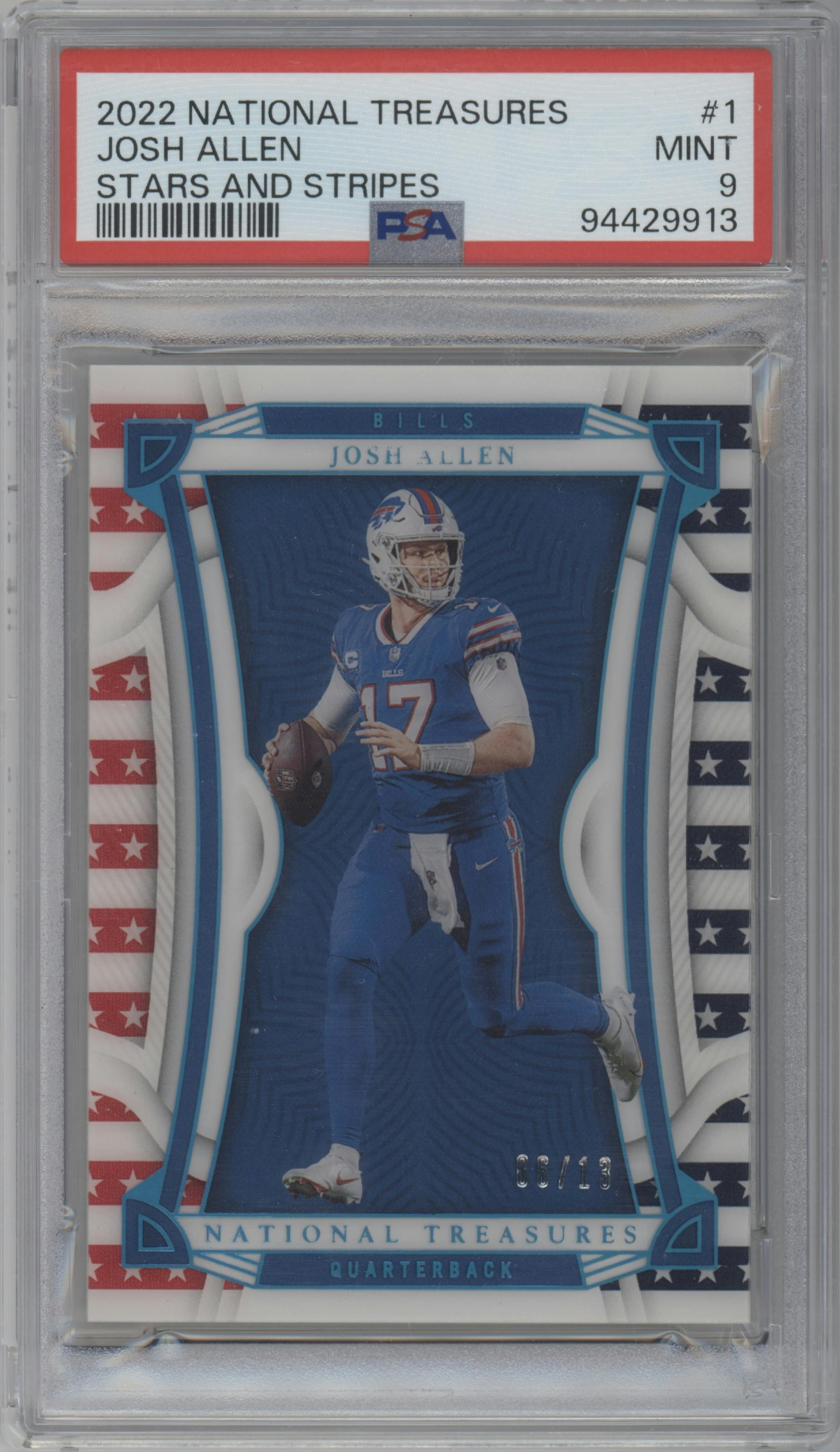 Josh Allen from the 2022 Panini National Treasures set featuring a Stars & Stripes parallel graded by PSA and given an overall grade of 9.