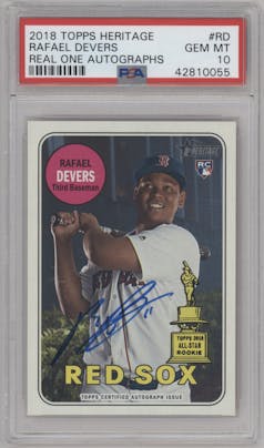 Rafael Devers from the 2018 Topps Heritage set graded by PSA and given an overall grade of 10.