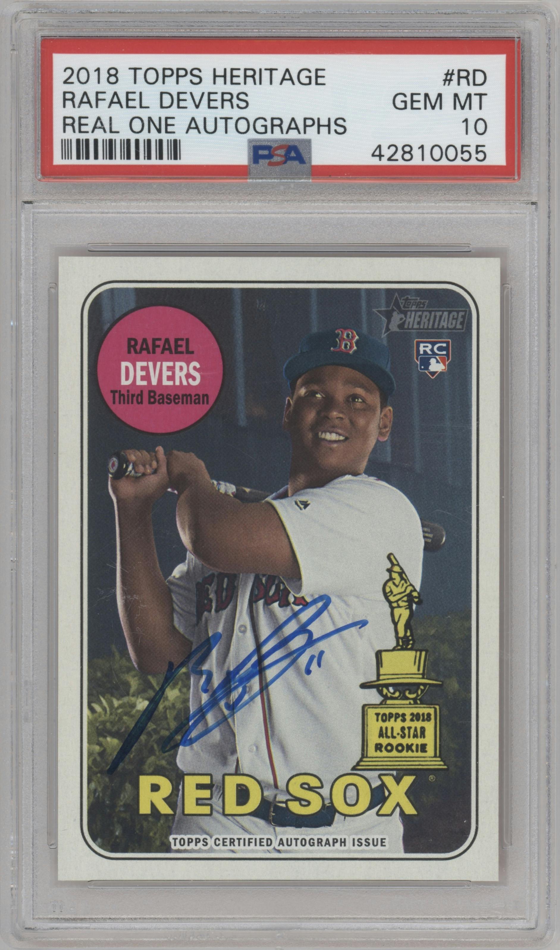 Rafael Devers from the 2018 Topps Heritage set graded by PSA and given an overall grade of 10.