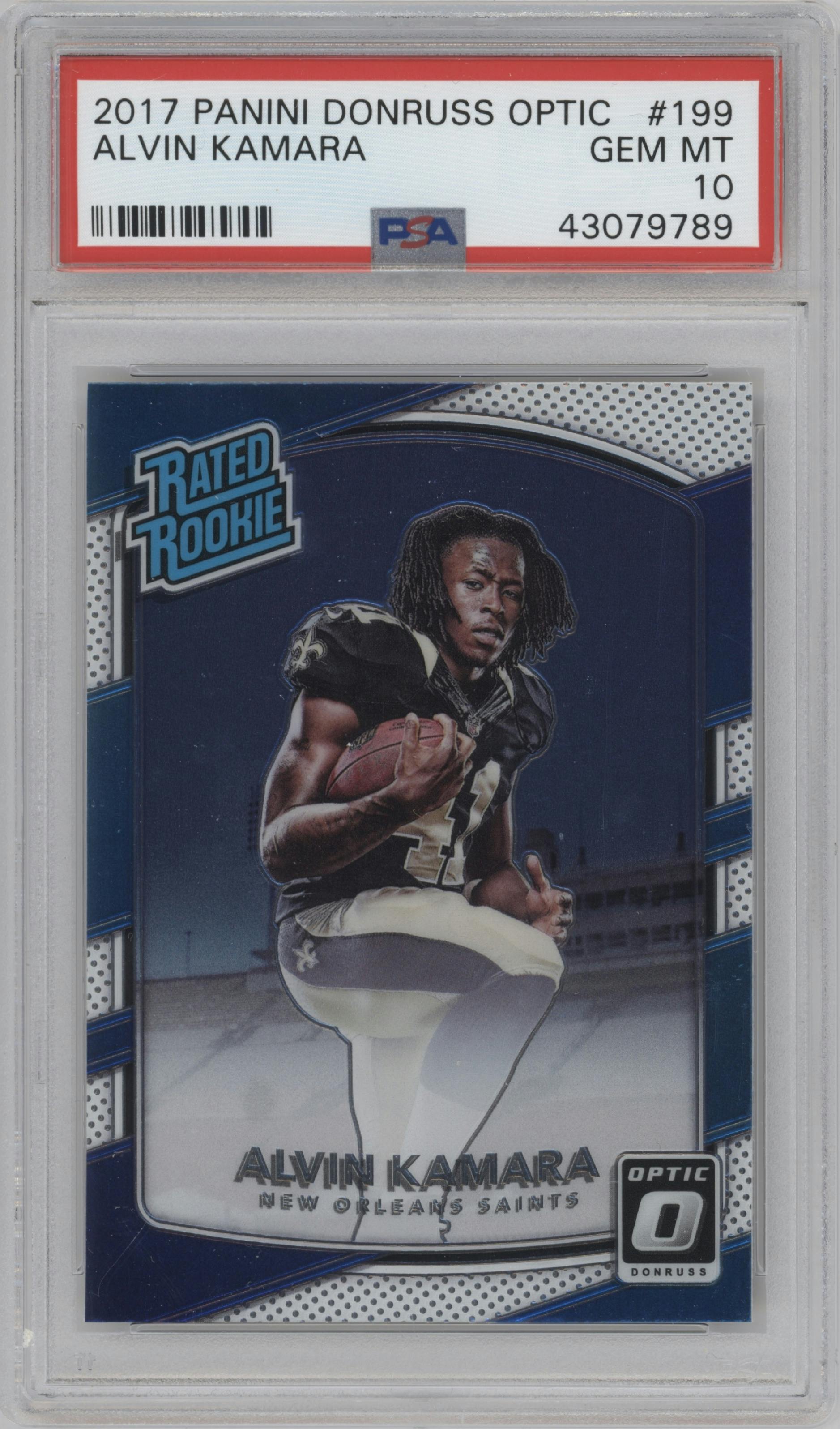 Alvin Kamara from the 2017 Panini Donruss Optic set graded by PSA and given an overall grade of 10.