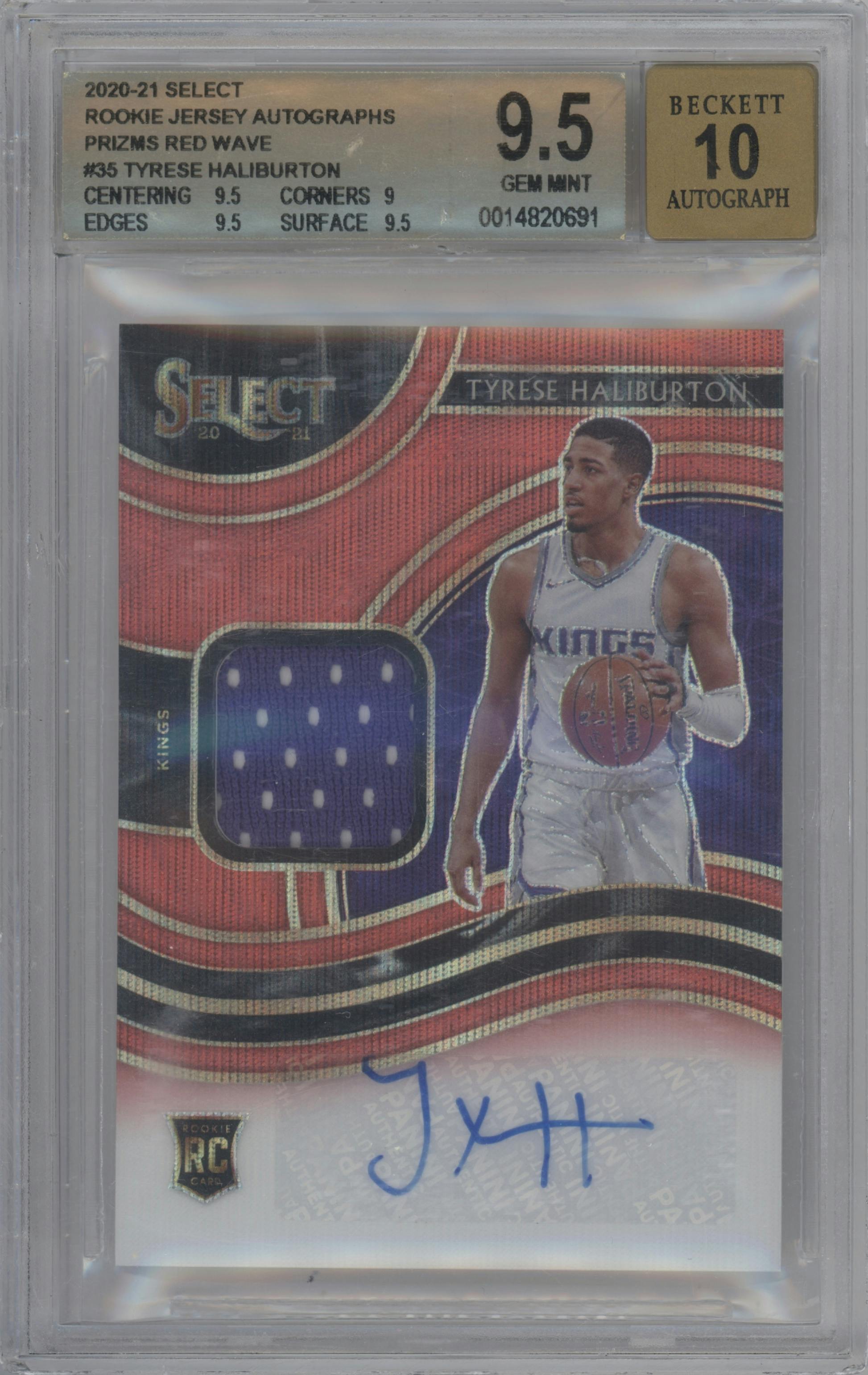 Tyrese Haliburton from the 2020-21 Panini Select  set featuring a Red Wave Prizm parallel graded by Beckett and given an overall grade of 9.5.