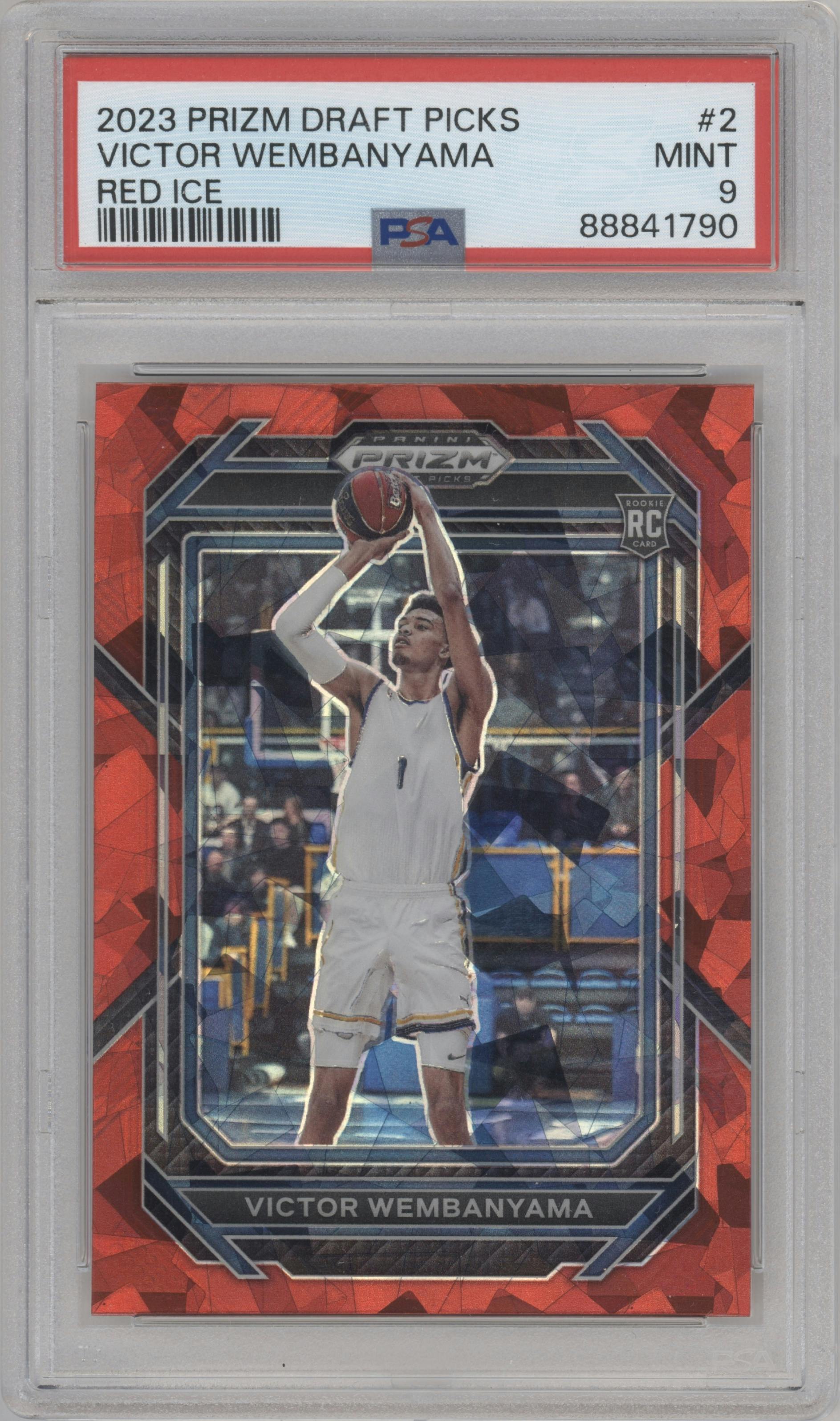 Victor Wembanyama from the 2023-24 Panini Prizm Draft Picks set featuring a Red Ice parallel graded by PSA and given an overall grade of 9.