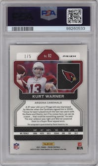 Kurt Warner from the 2021 Panini Prizm set featuring a Blue Shimmer parallel graded by PSA and given an overall grade of 10.