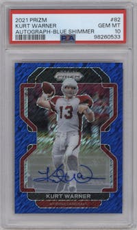Kurt Warner from the 2021 Panini Prizm set featuring a Blue Shimmer parallel graded by PSA and given an overall grade of 10.