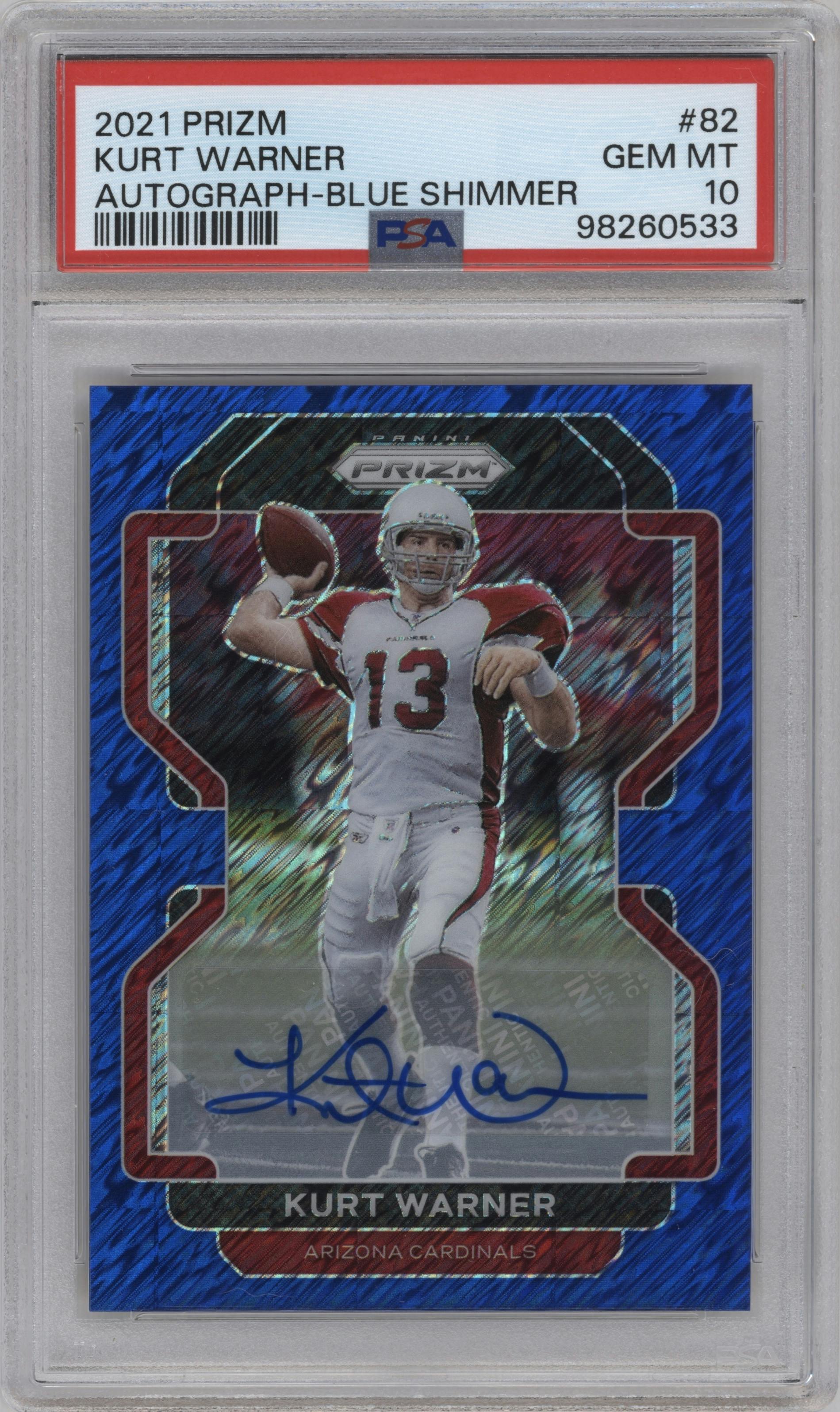 Kurt Warner from the 2021 Panini Prizm set featuring a Blue Shimmer parallel graded by PSA and given an overall grade of 10.
