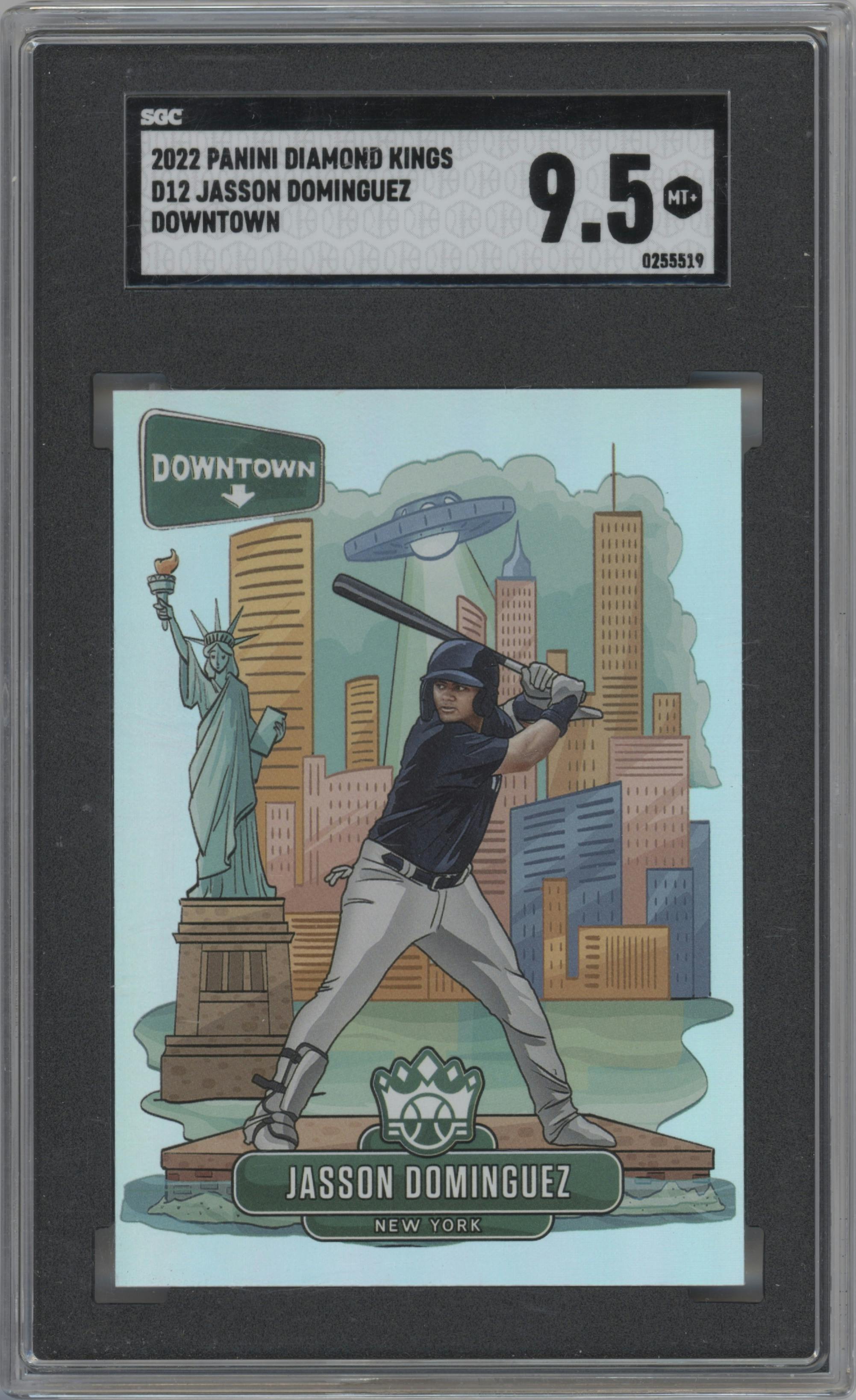 Jasson Dominguez from the 2022 Panini Diamond Kings set graded by SGC and given an overall grade of 9.5.
