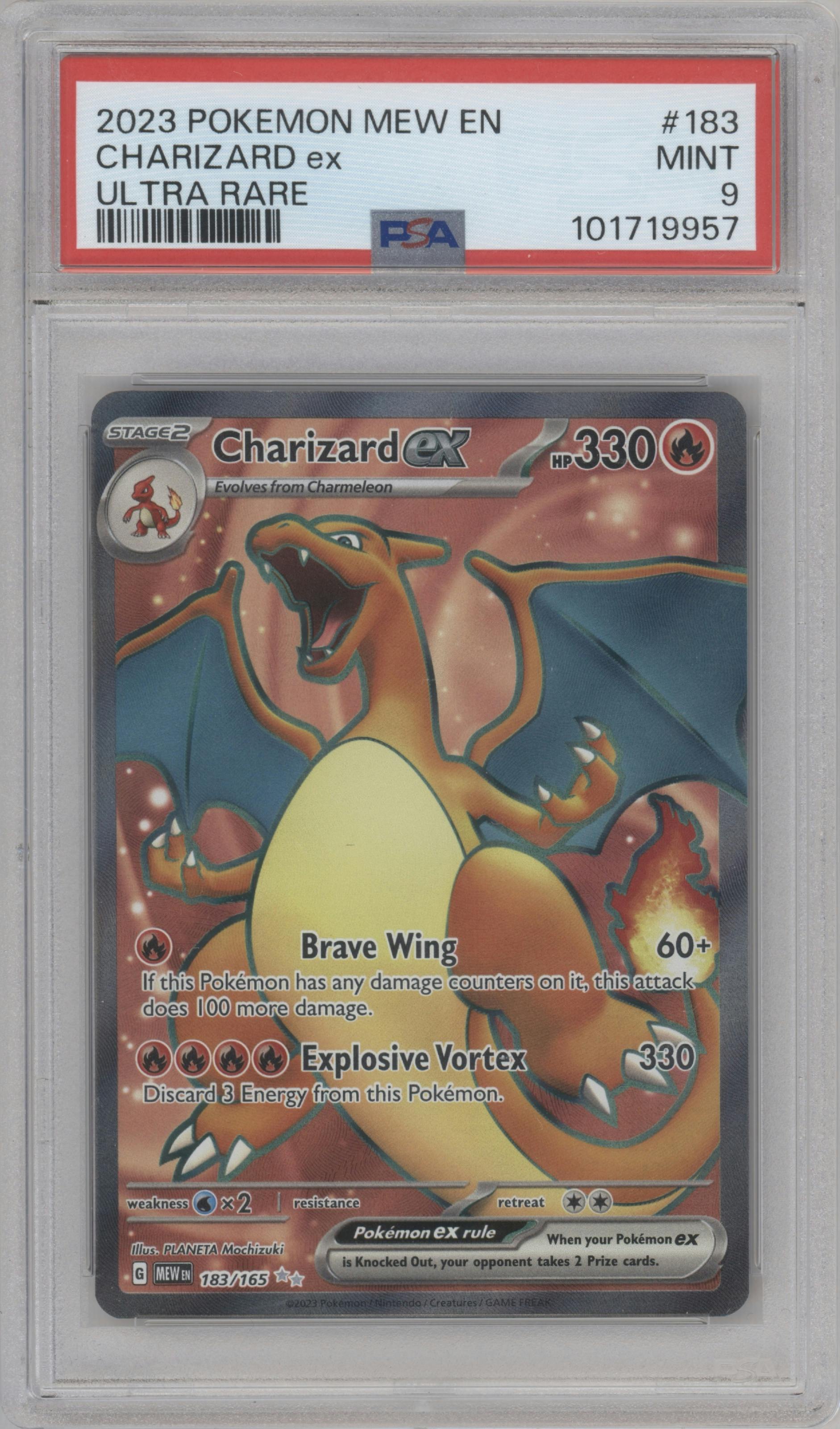 Charizard ex from the 2023 Pokemon SV set graded by PSA and given an overall grade of 9.