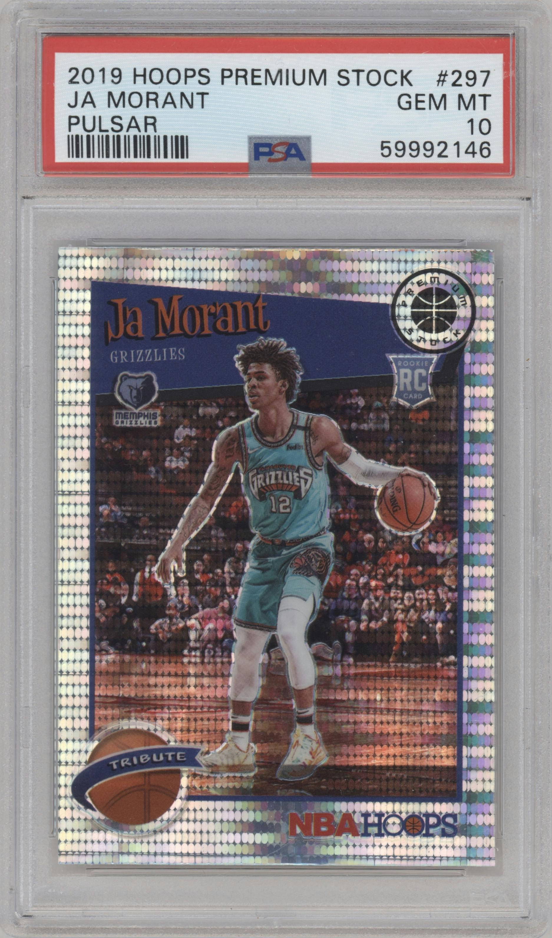Ja Morant from the 2019-20 Panini Hoops Premium Stock set featuring a Pulsar parallel graded by PSA and given an overall grade of 10.