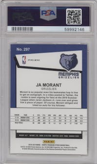 Ja Morant from the 2019-20 Panini Hoops Premium Stock set featuring a Pulsar parallel graded by PSA and given an overall grade of 10.