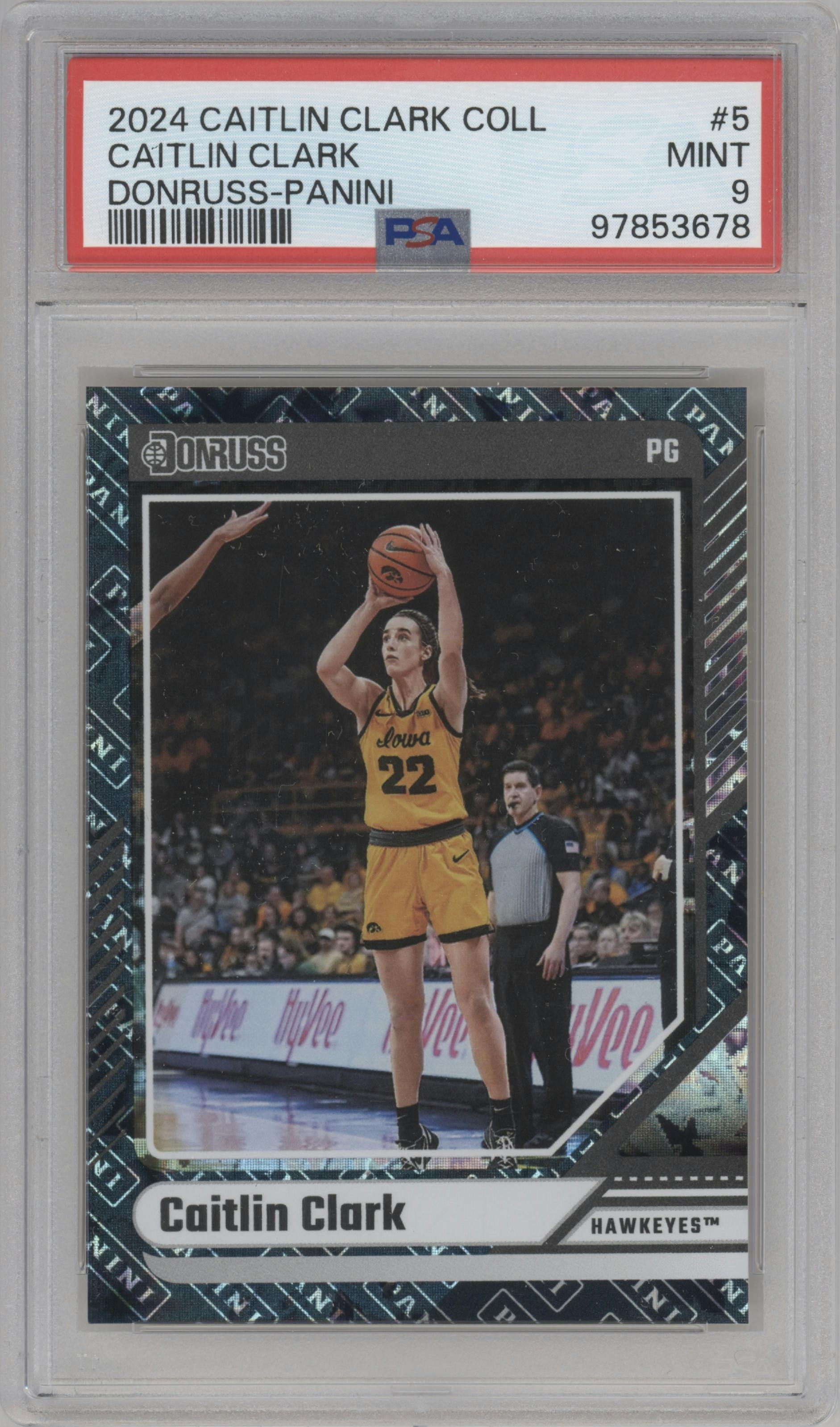 Caitlin Clark from the 2024 Panini Caitlin Clark Collection set featuring a Panini parallel graded by PSA and given an overall grade of 9.