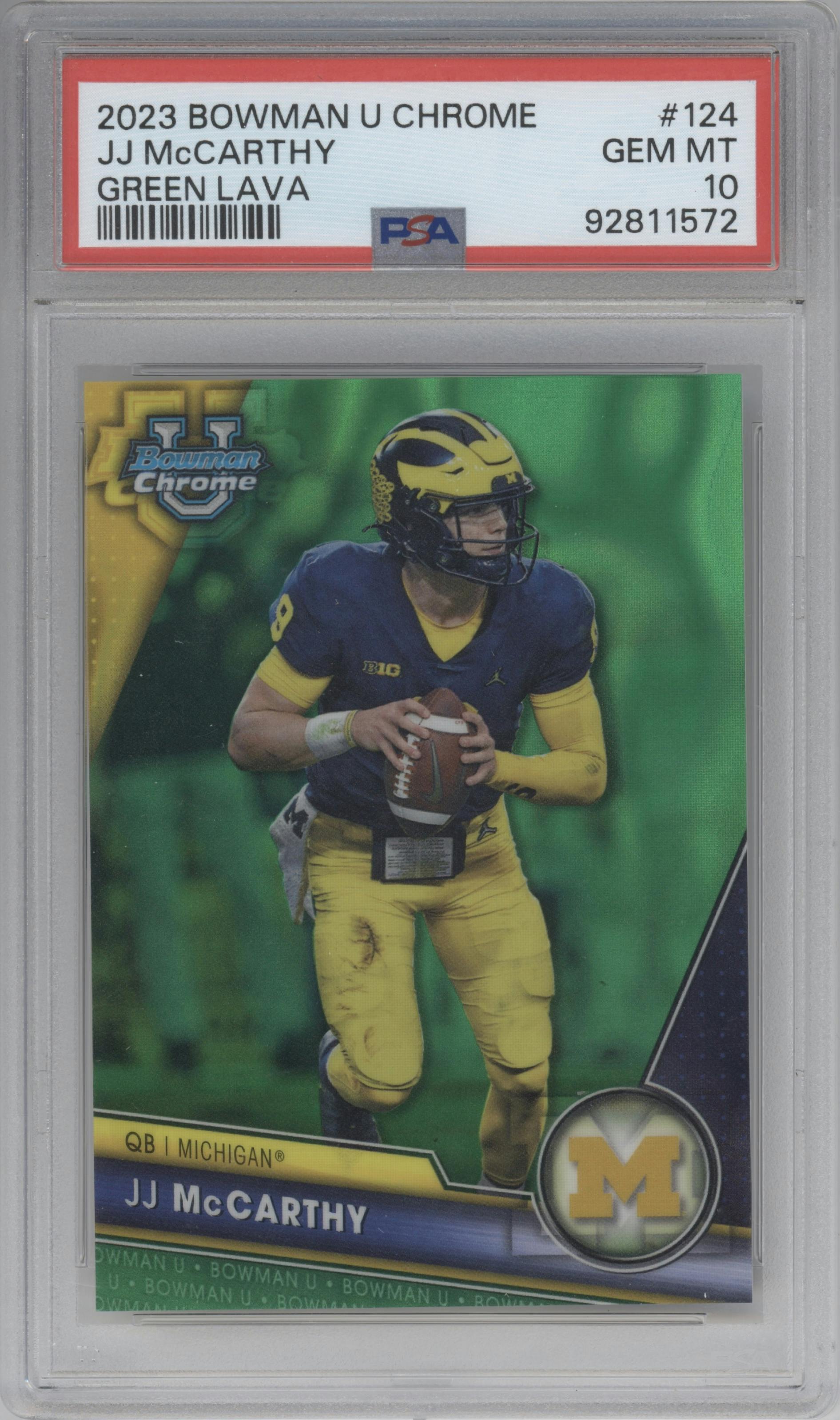 JJ McCarthy from the 2023 Bowman Chrome University set featuring a Green Lava Refractor parallel graded by PSA and given an overall grade of 10.