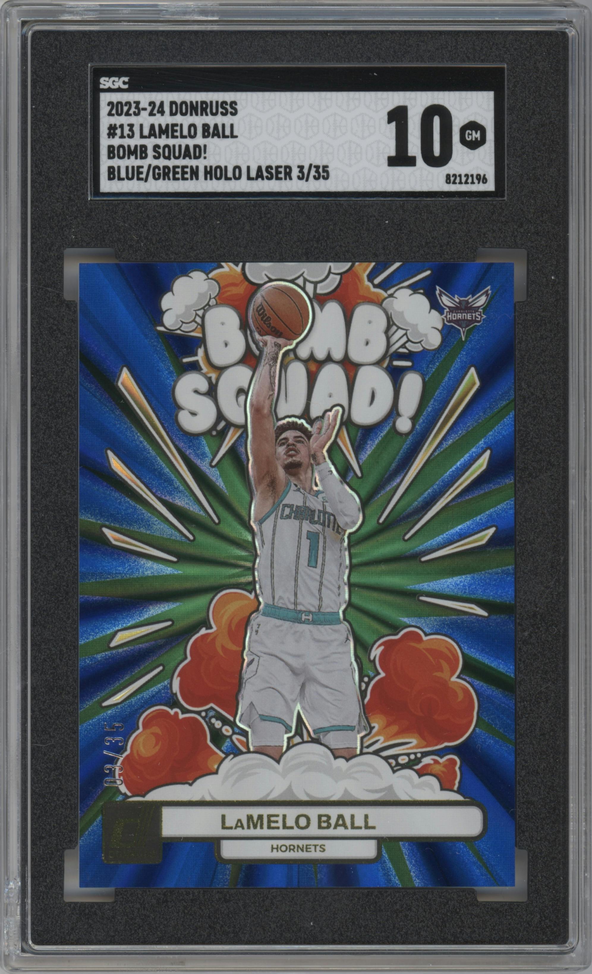 LaMelo Ball from the 2023-24 Panini Donruss set featuring a Blue and Green Holo Laser parallel graded by SGC and given an overall grade of 10.