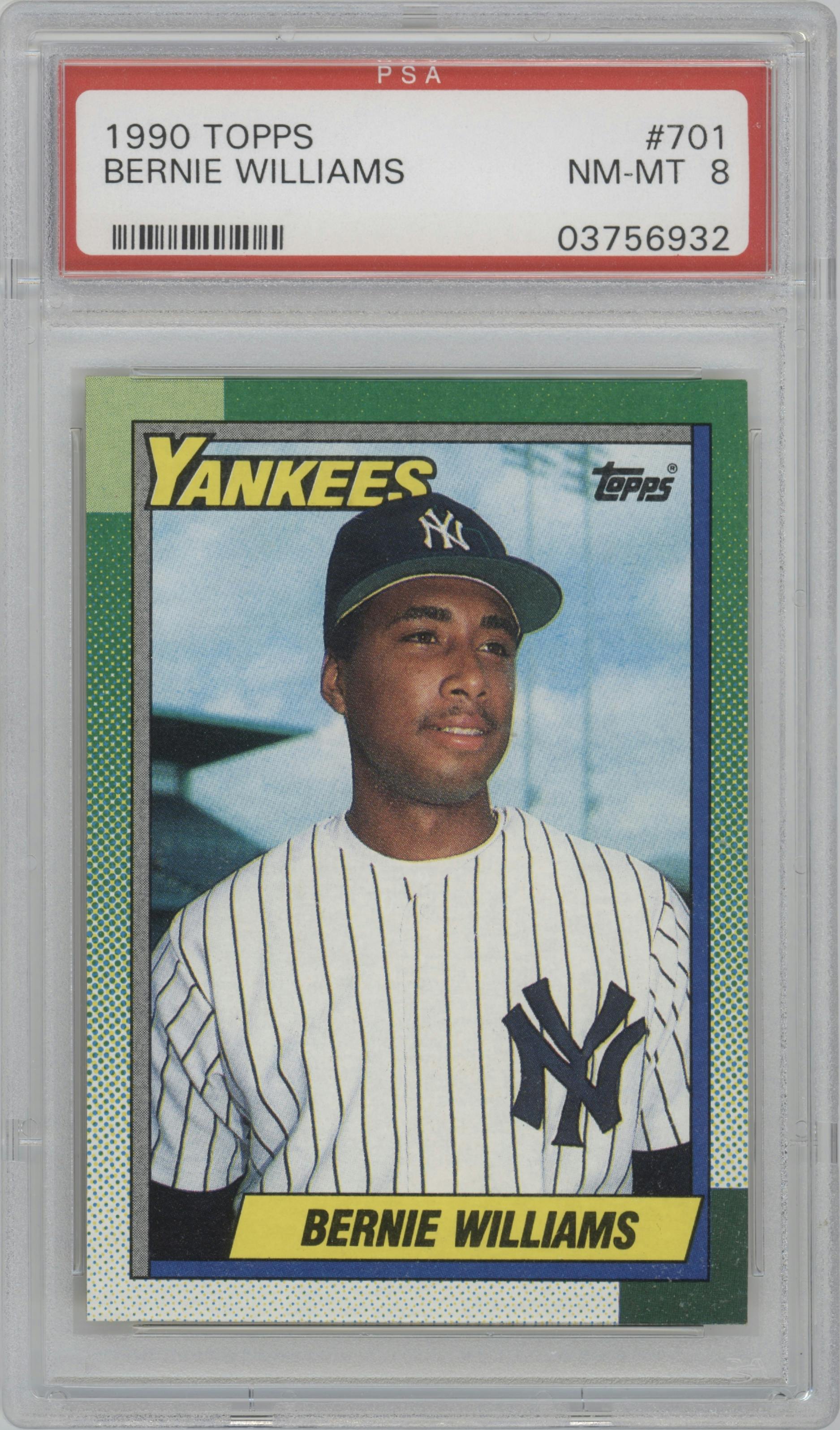 Bernie Williams from the 1990 Topps set graded by PSA and given an overall grade of 8.