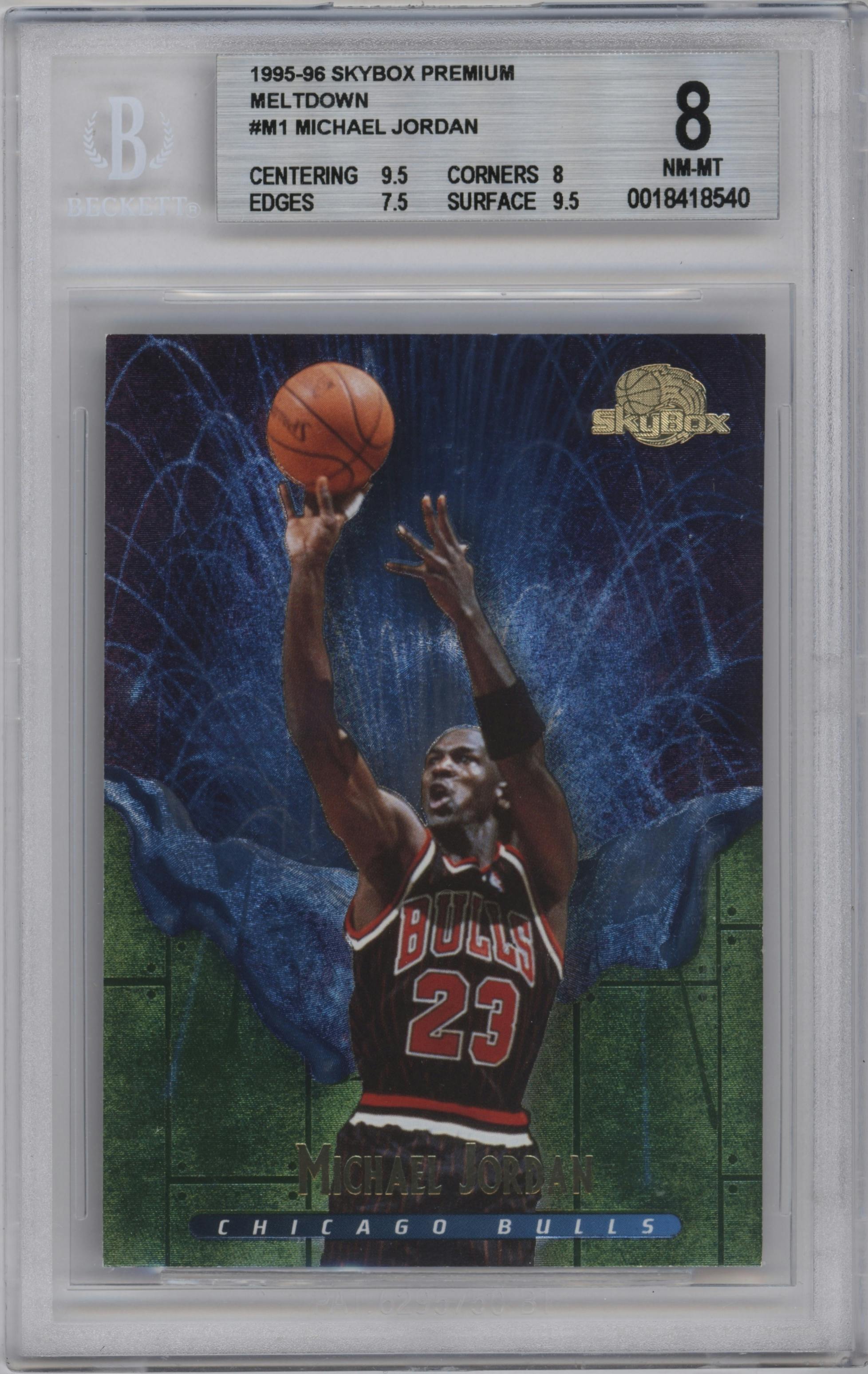 Michael Jordan from the 1995-96 Skybox Premium set graded by Beckett and given an overall grade of 8.