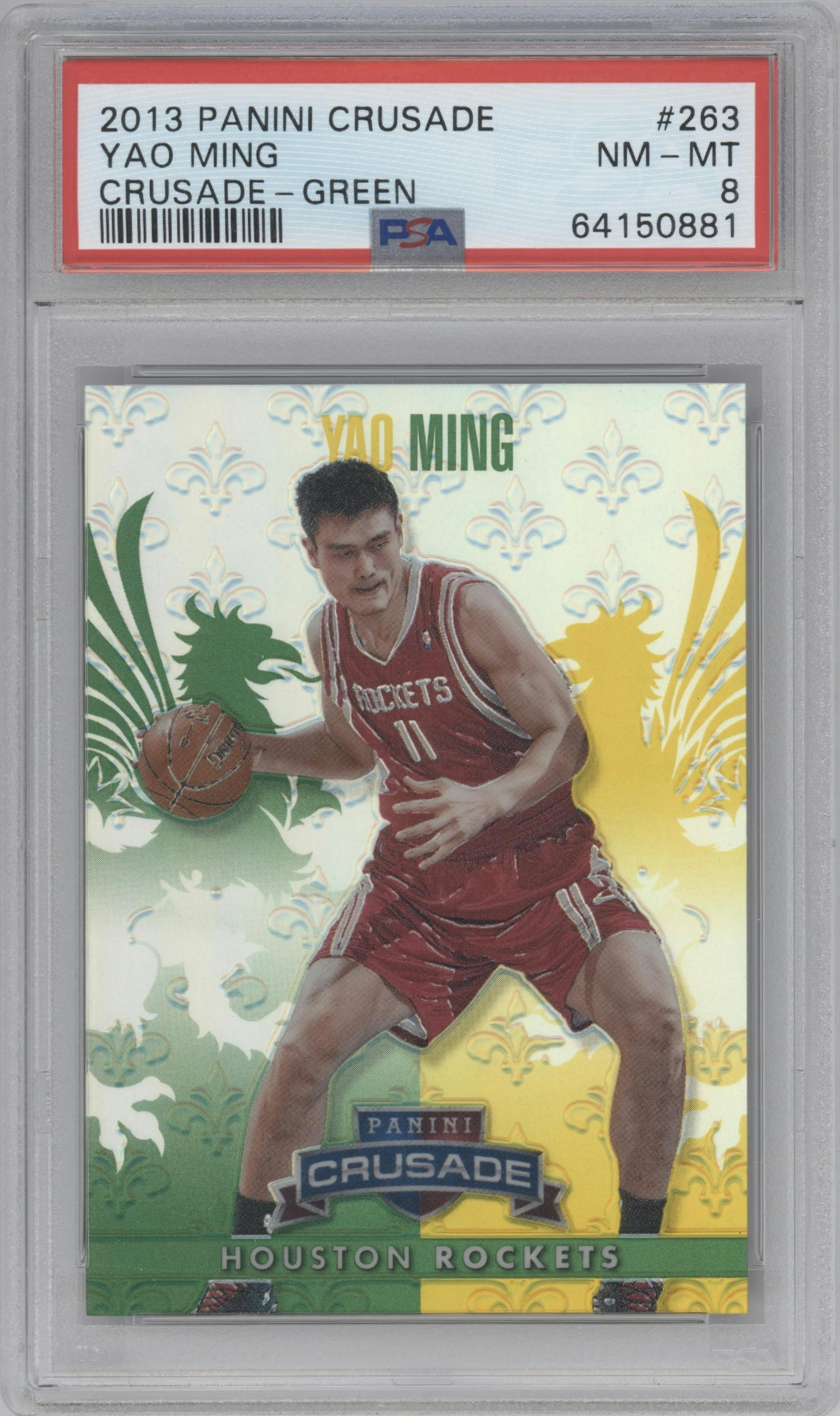 Yao Ming from the 2013-14 Panini Crusade set featuring a Green parallel graded by PSA and given an overall grade of 8.