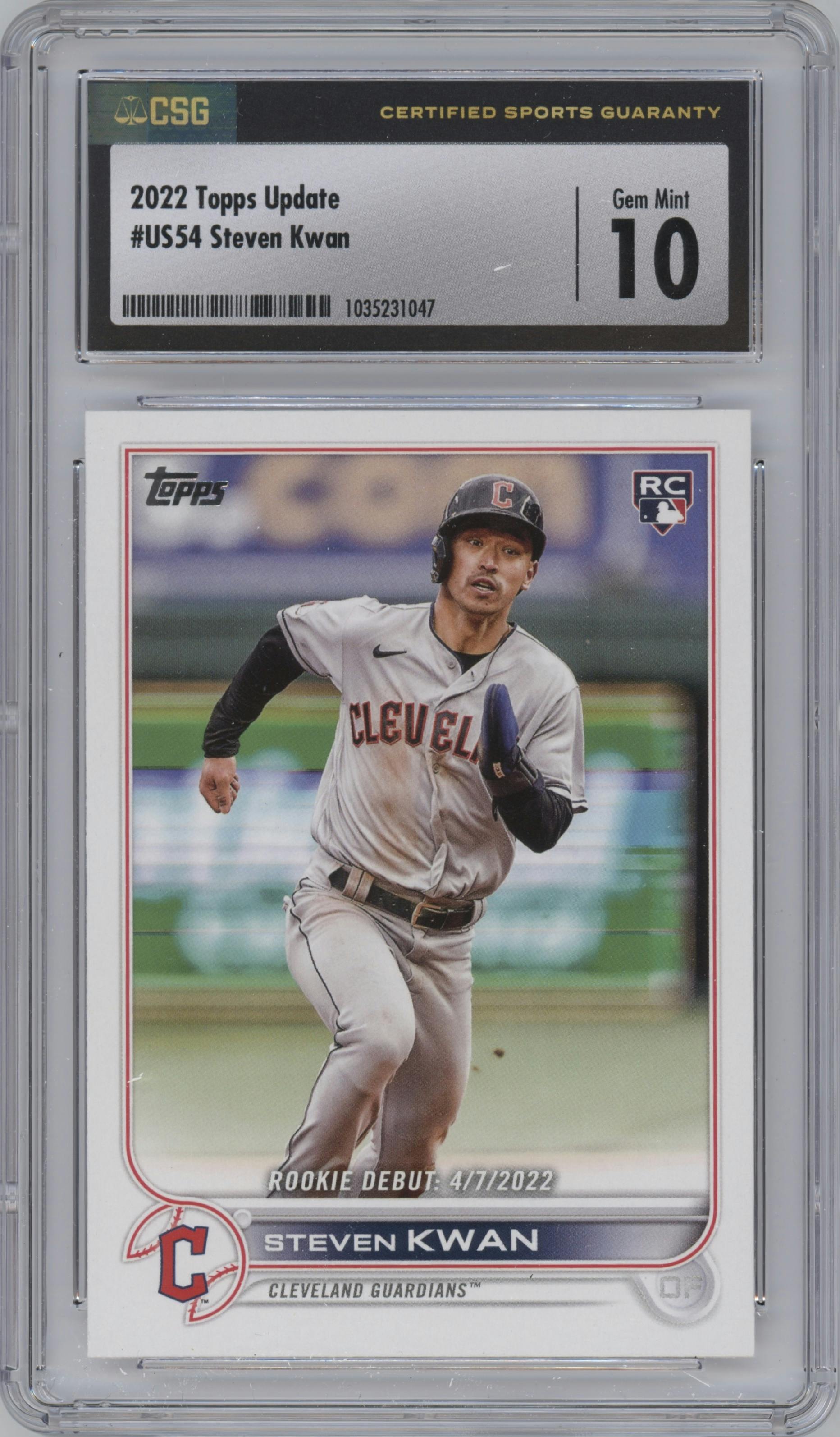 Steven Kwan from the 2022 Topps Update  set graded by CSG and given an overall grade of 10.