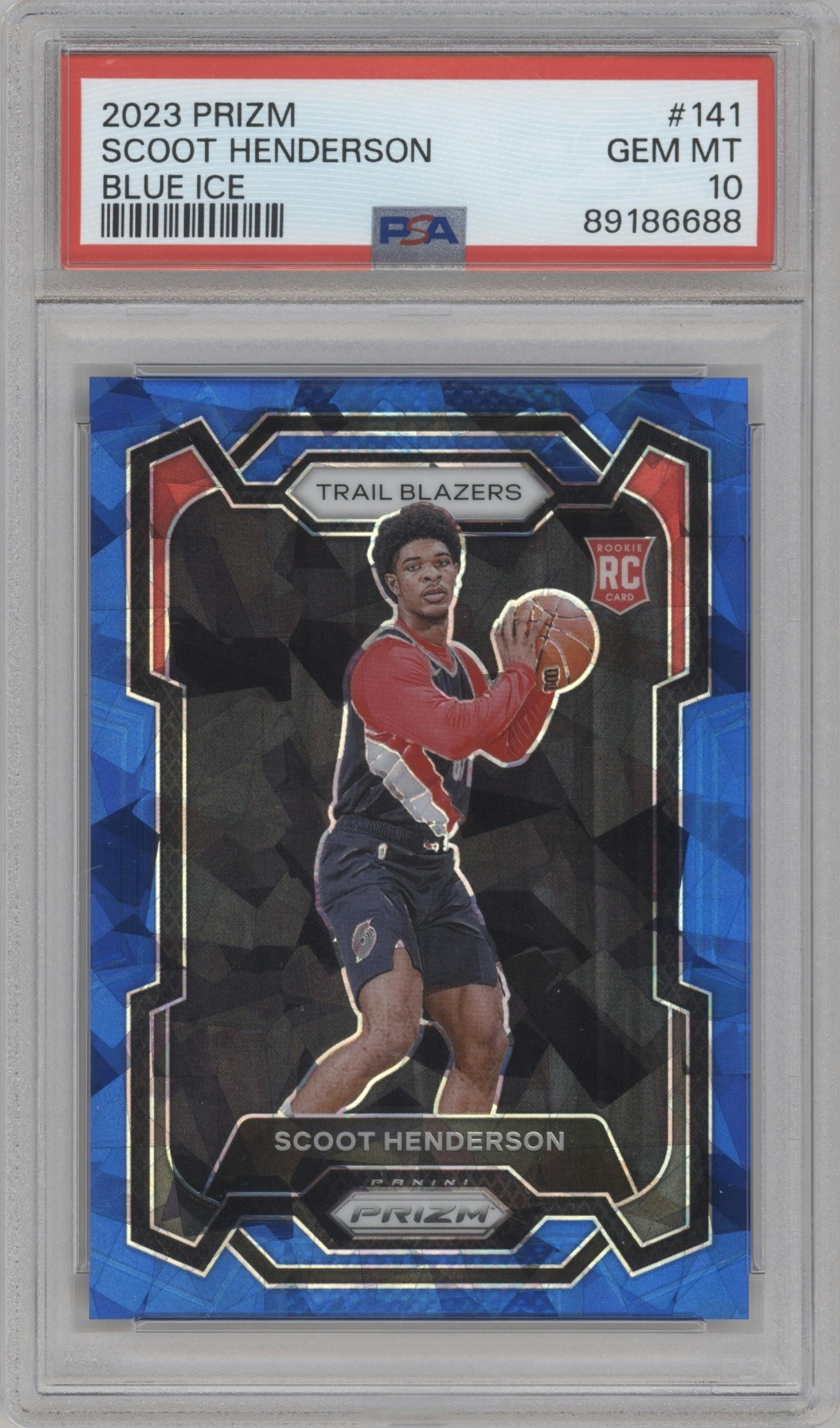 Scoot Henderson from the 2023-24 Panini Prizm set featuring a Blue Ice parallel graded by PSA and given an overall grade of 10.