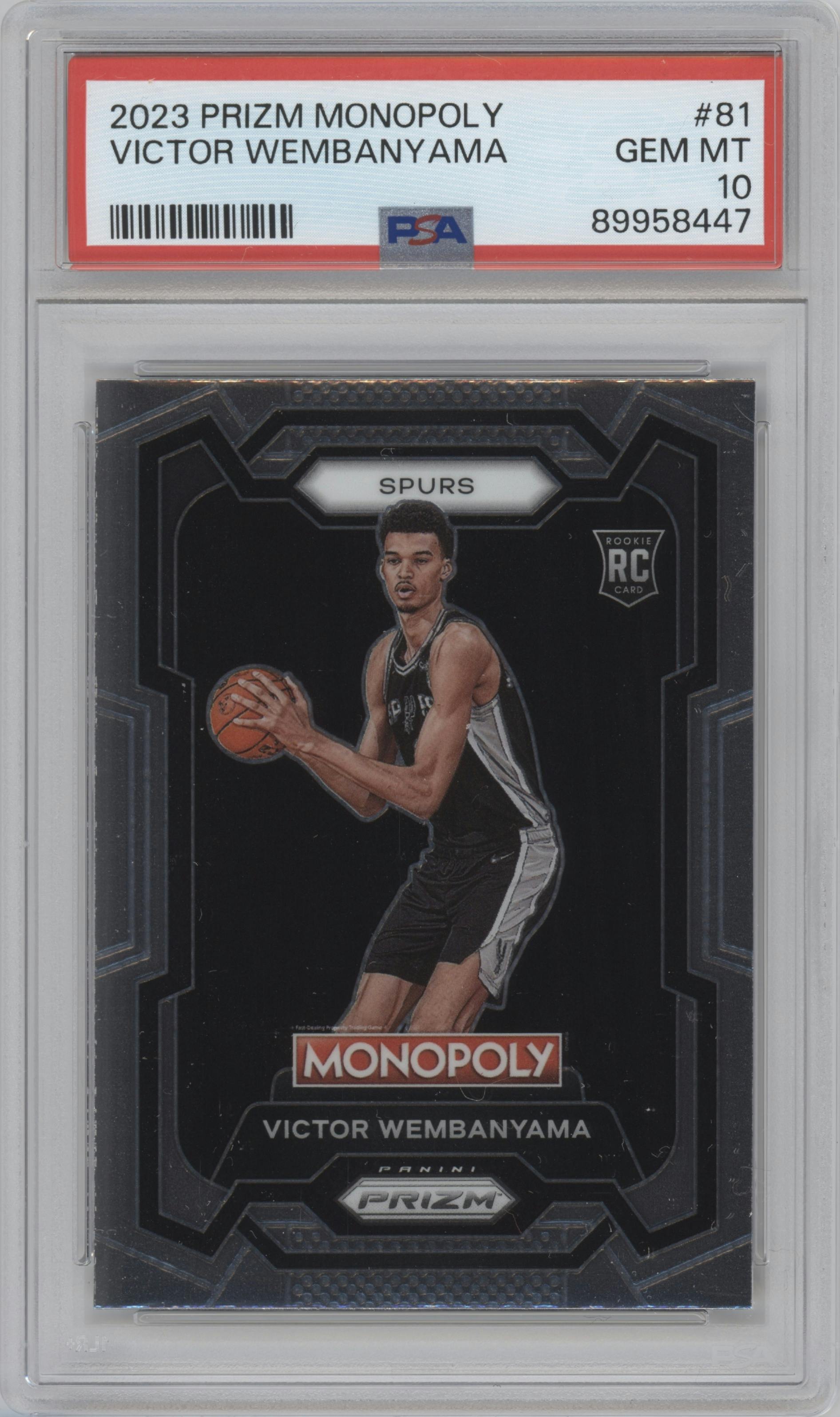 Victor Wembanyama from the 2023-24 Panini Prizm Monopoly set graded by PSA and given an overall grade of 10.