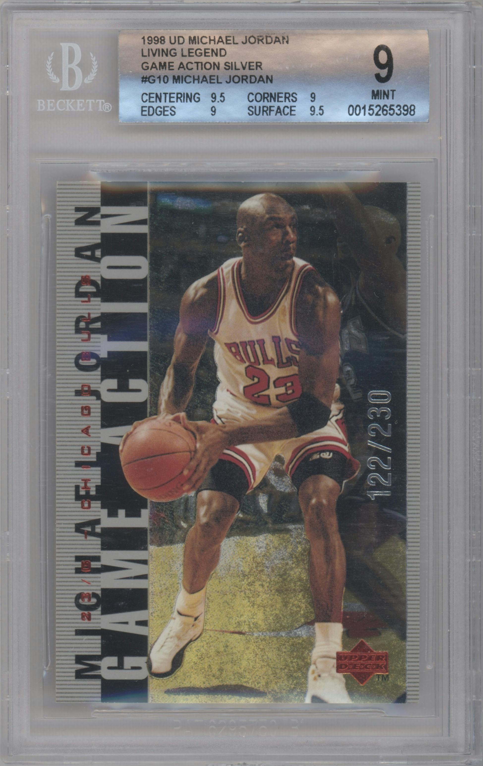 Michael Jordan from the 1998-99 Upper Deck Michael Jordan Living Legend set featuring a Silver parallel graded by Beckett and given an overall grade of 9.