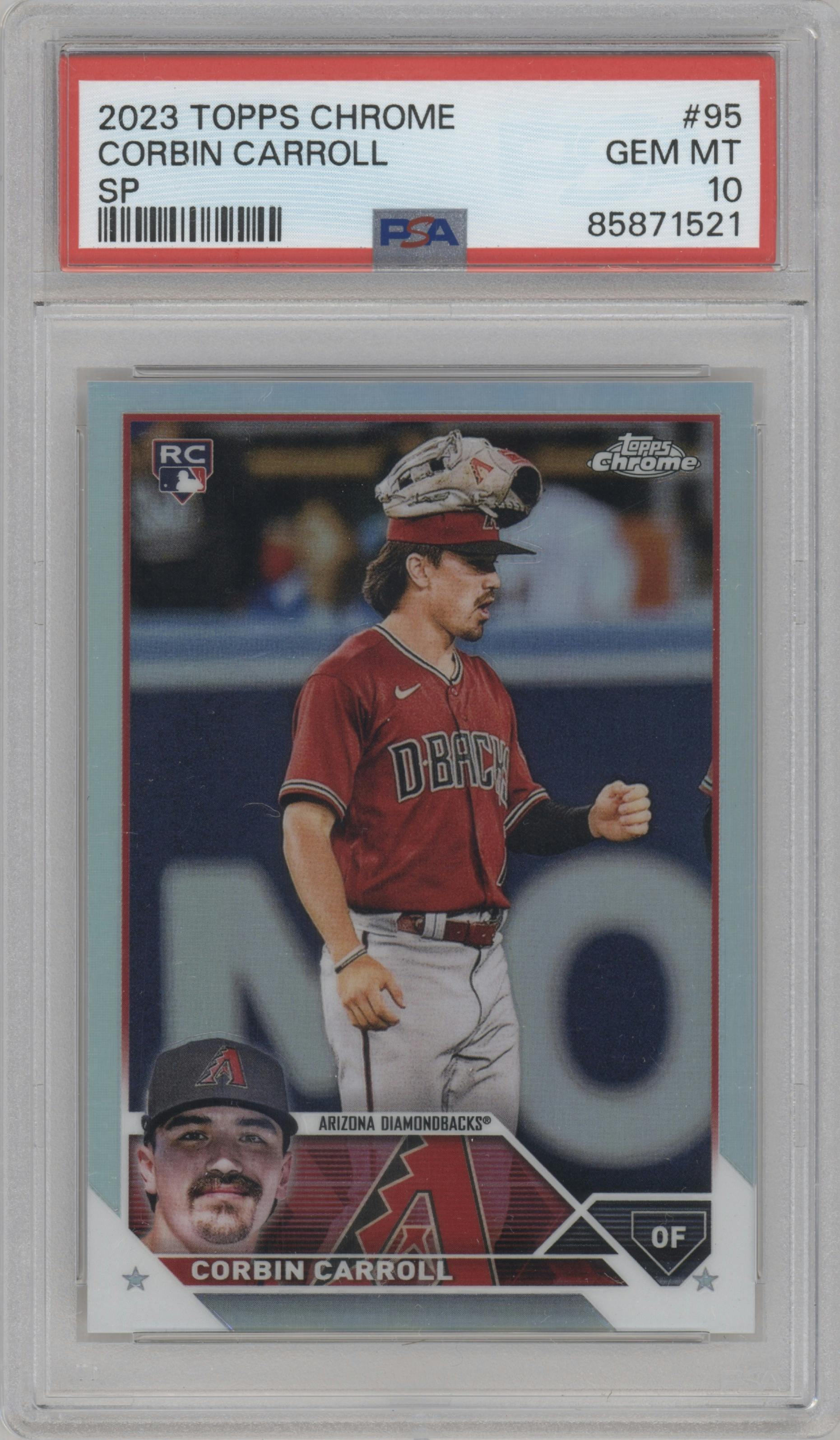 Corbin Carroll from the 2023 Topps Chrome set graded by PSA and given an overall grade of 10.