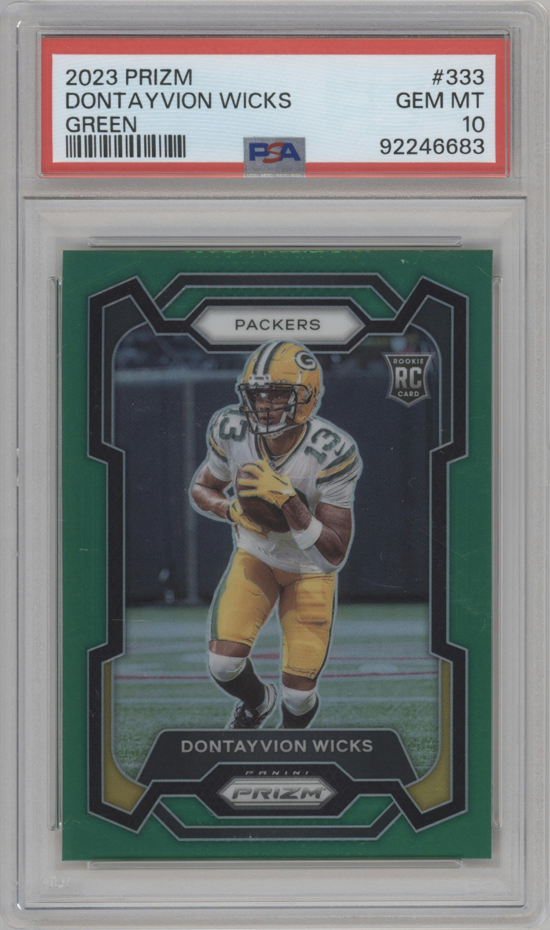 Dontayvion Wicks from the 2023 Panini Prizm set featuring a Green Prizm parallel graded by PSA and given an overall grade of 10.