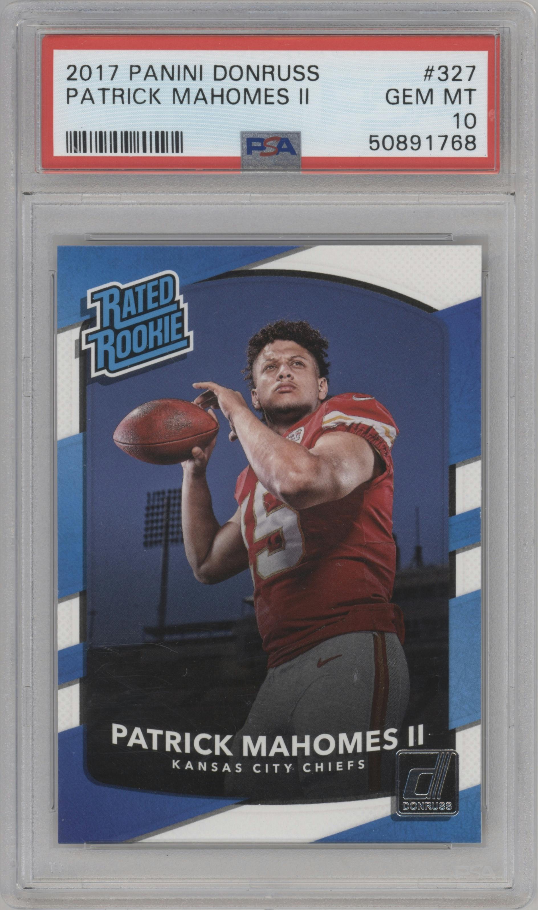 Patrick Mahomes II from the 2017 Panini Donruss set graded by PSA and given an overall grade of 10.