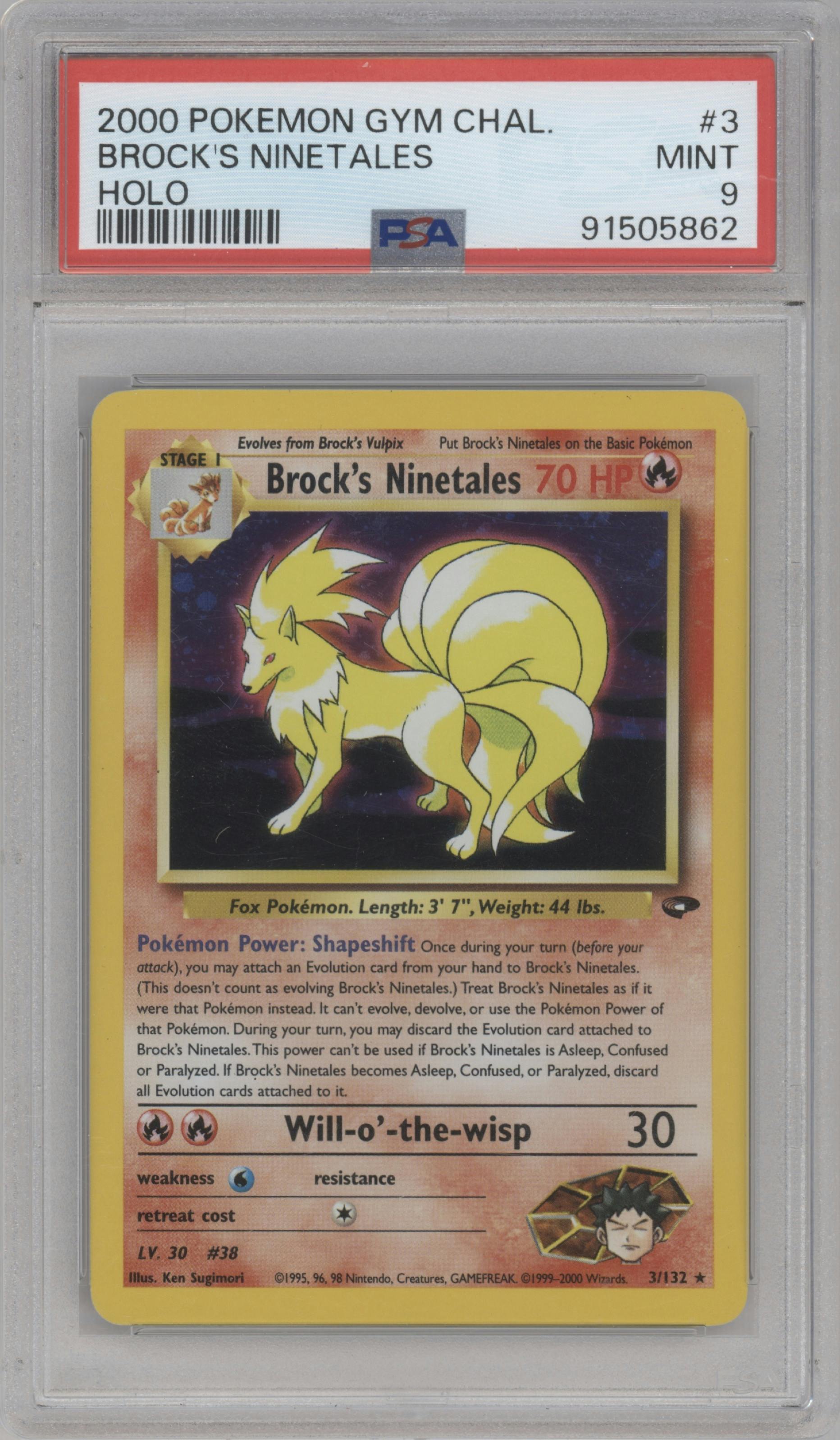 Brock's Ninetales from the 2000 Pokemon GH set graded by PSA and given an overall grade of 9.