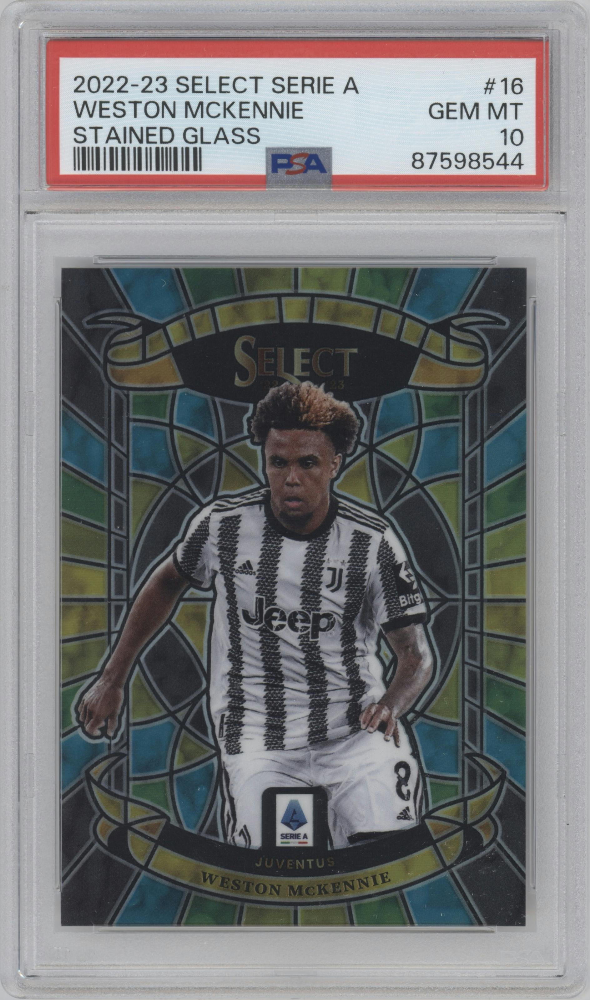 Weston McKennie from the 2022-23 Panini Select Serie A set graded by PSA and given an overall grade of 10.