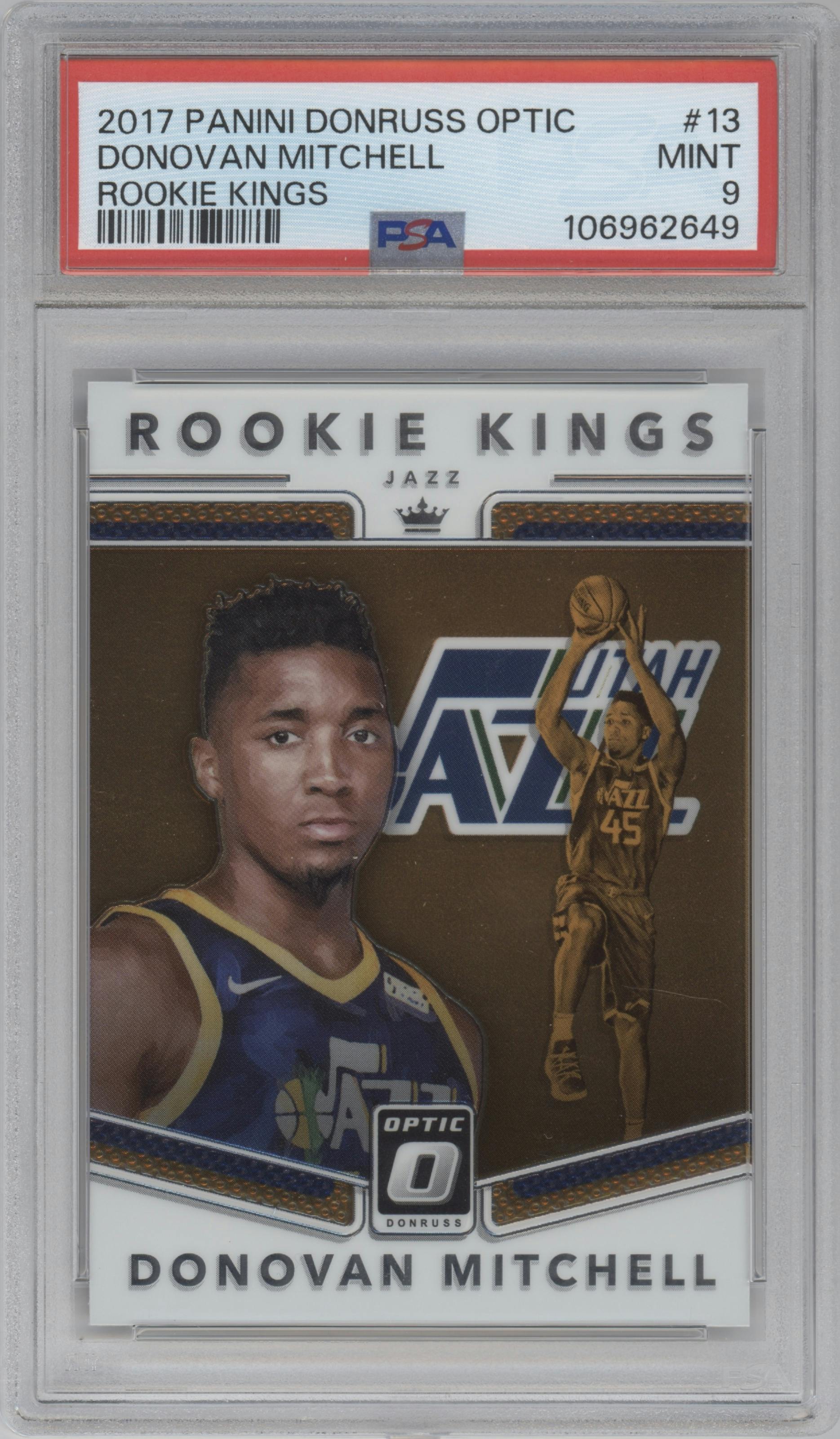 Donovan Mitchell from the 2017-18 Panini Donruss Optic set graded by PSA and given an overall grade of 9.