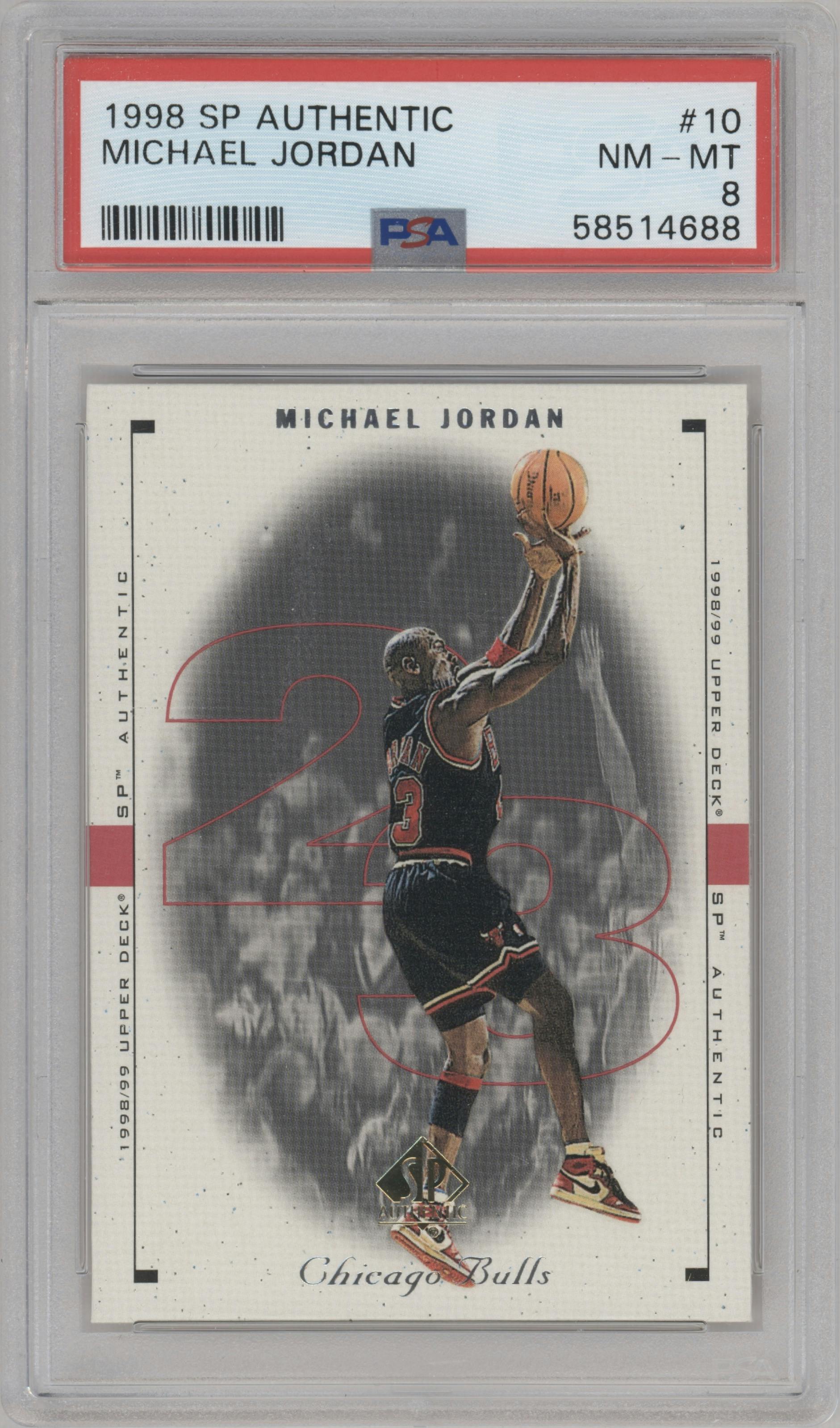 Michael Jordan from the 1998-99 SP Authentic set graded by PSA and given an overall grade of 8.