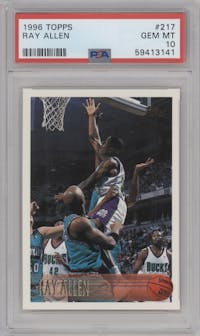 Ray Allen from the 1996-97 Topps set graded by PSA and given an overall grade of 10.