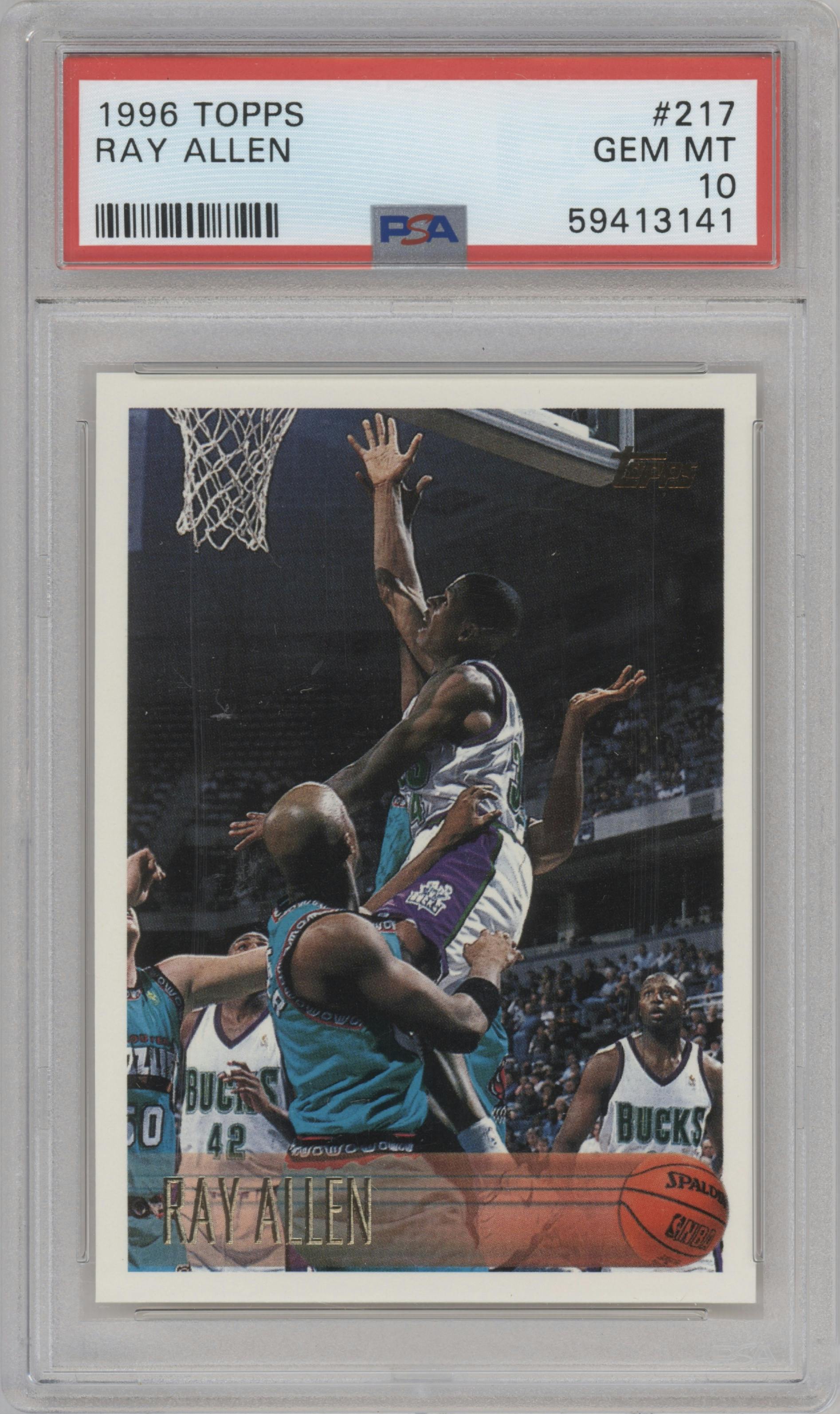 Ray Allen from the 1996-97 Topps set graded by PSA and given an overall grade of 10.