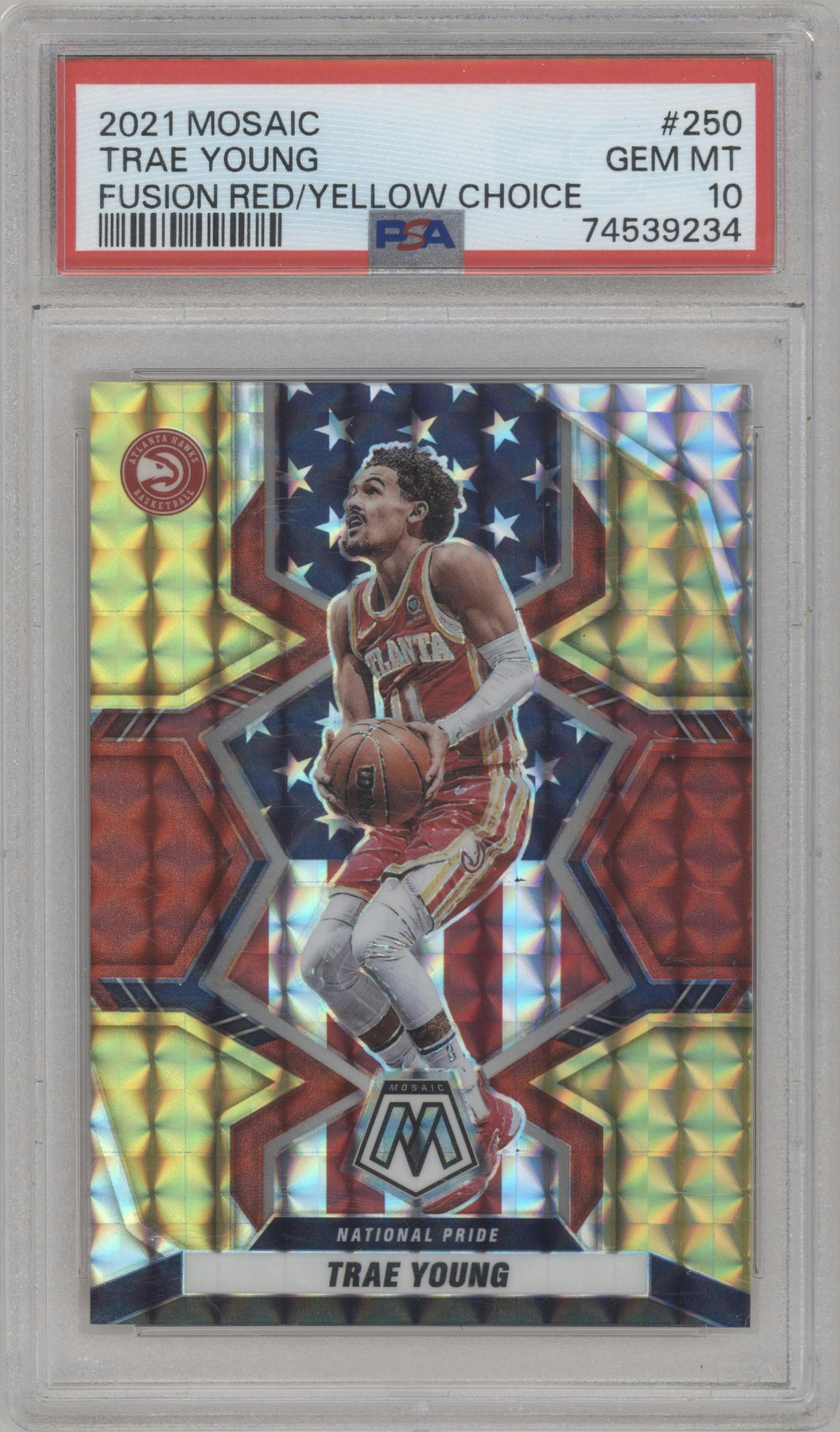 Trae Young from the 2021-22 Panini Mosaic  set featuring a Choice Fusion Red & Yellow parallel graded by PSA and given an overall grade of 10.
