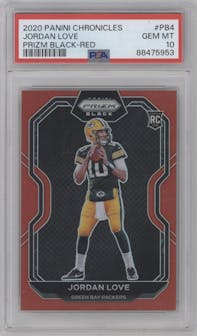 Jordan Love from the 2020 Panini Chronicles set featuring a Red parallel graded by PSA and given an overall grade of 10.