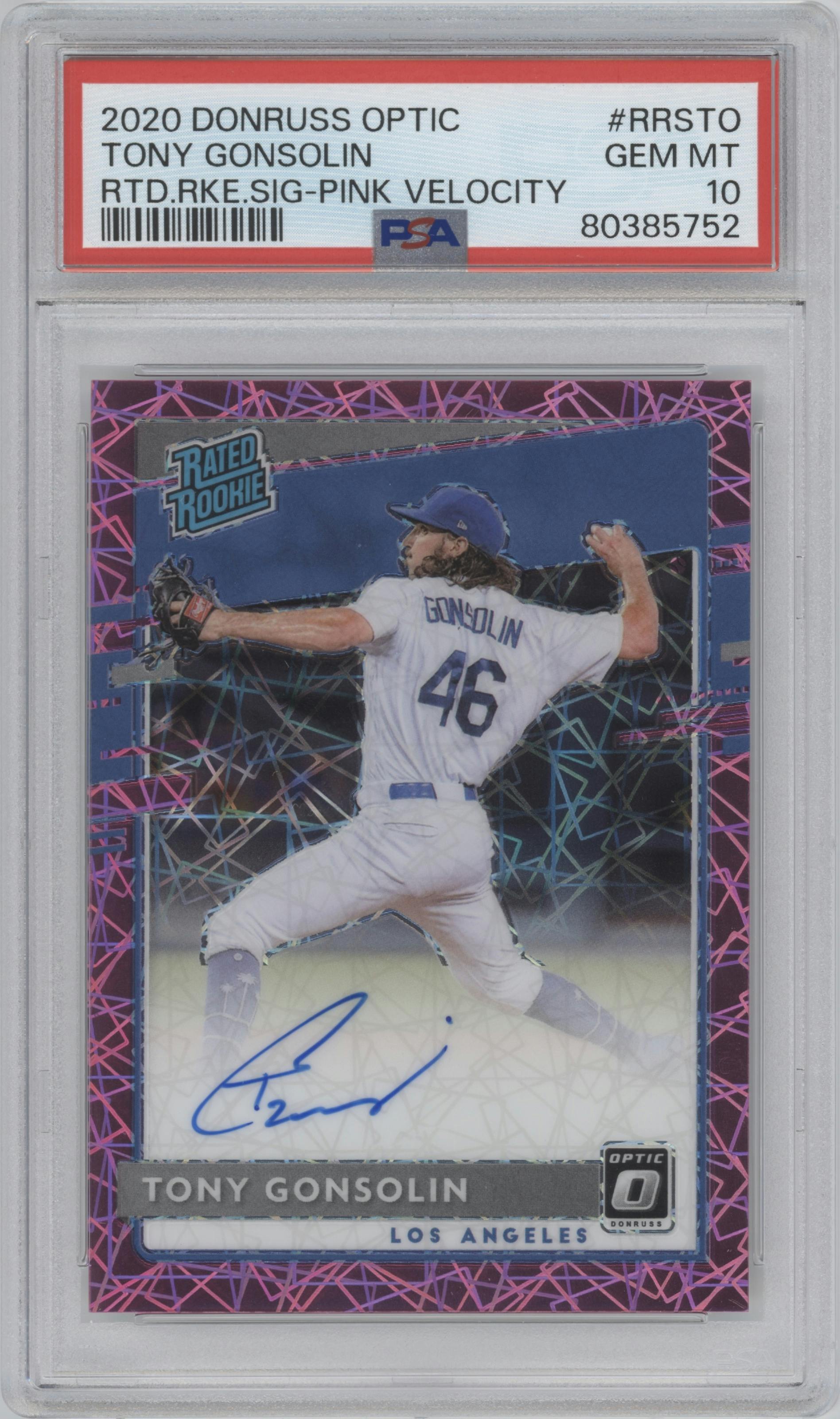 Tony Gonsolin from the 2020 Panini Donruss Optic set featuring a Pink Velocity parallel graded by PSA and given an overall grade of 10.
