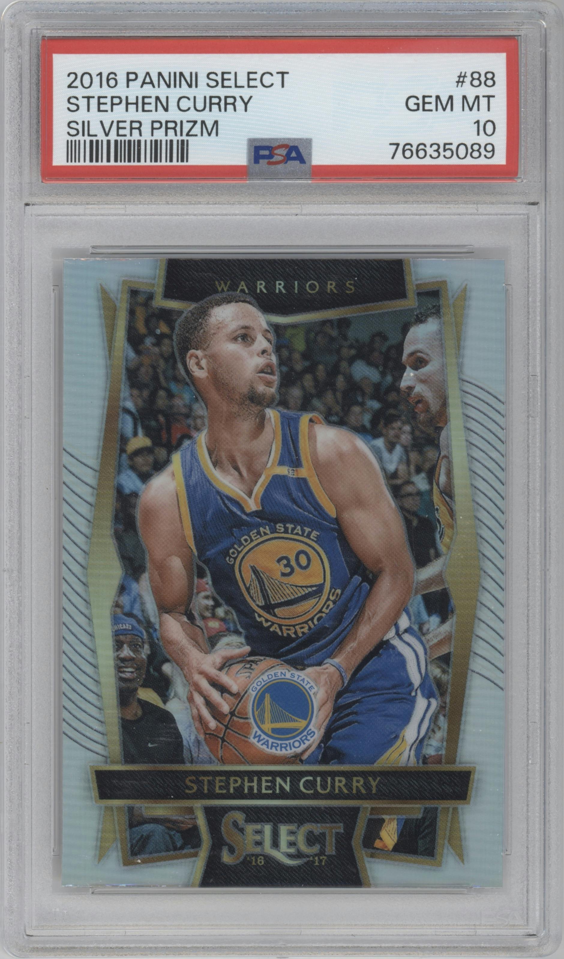 Stephen Curry from the 2016-17 Panini Select set featuring a Silver Prizm parallel graded by PSA and given an overall grade of 10.