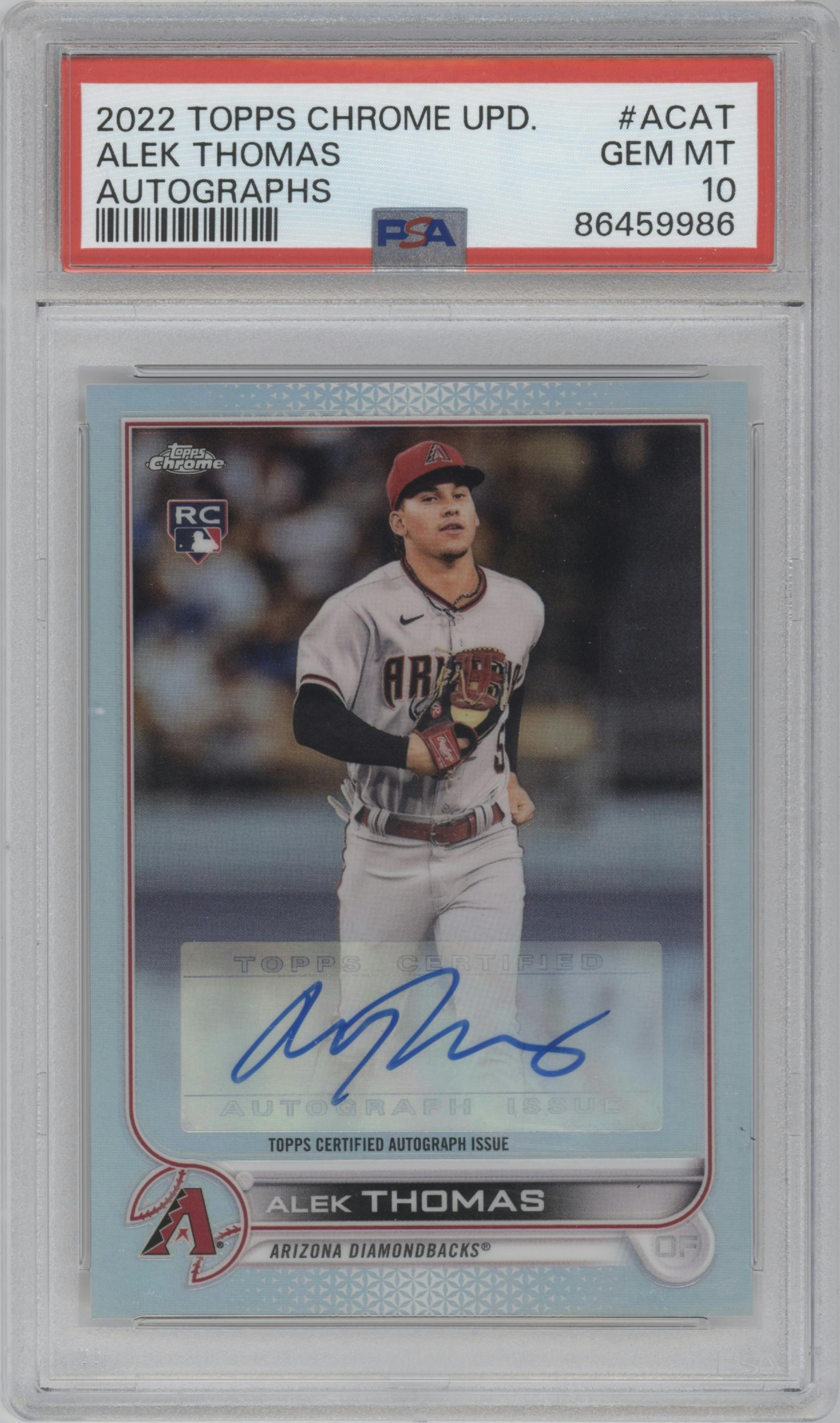Alek Thomas from the 2022 Topps Chrome Update set graded by PSA and given an overall grade of 10.