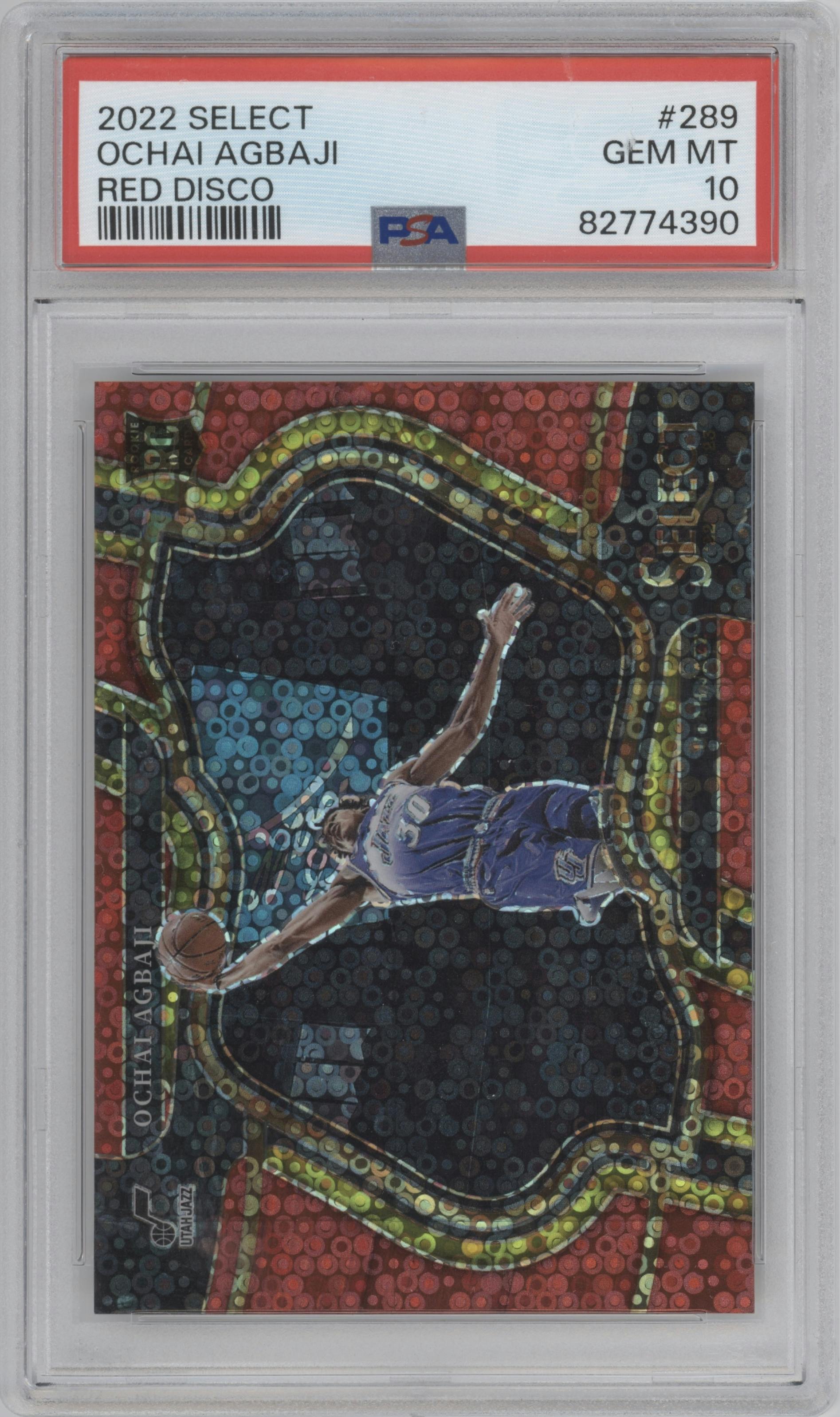 Ochai Agbaji from the 2022-23 Panini Select set featuring a Disco Red parallel graded by PSA and given an overall grade of 10.