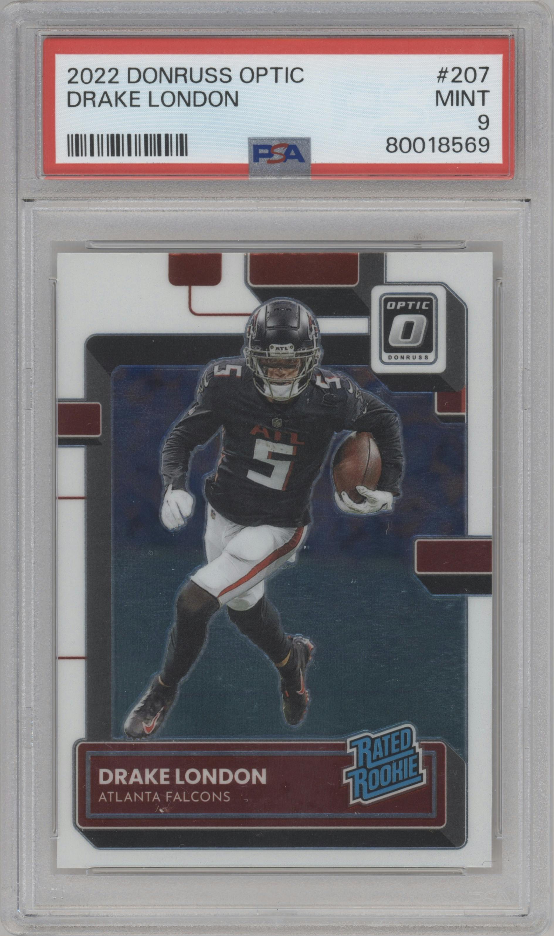 Drake London from the 2022 Panini Donruss Optic set graded by PSA and given an overall grade of 9.