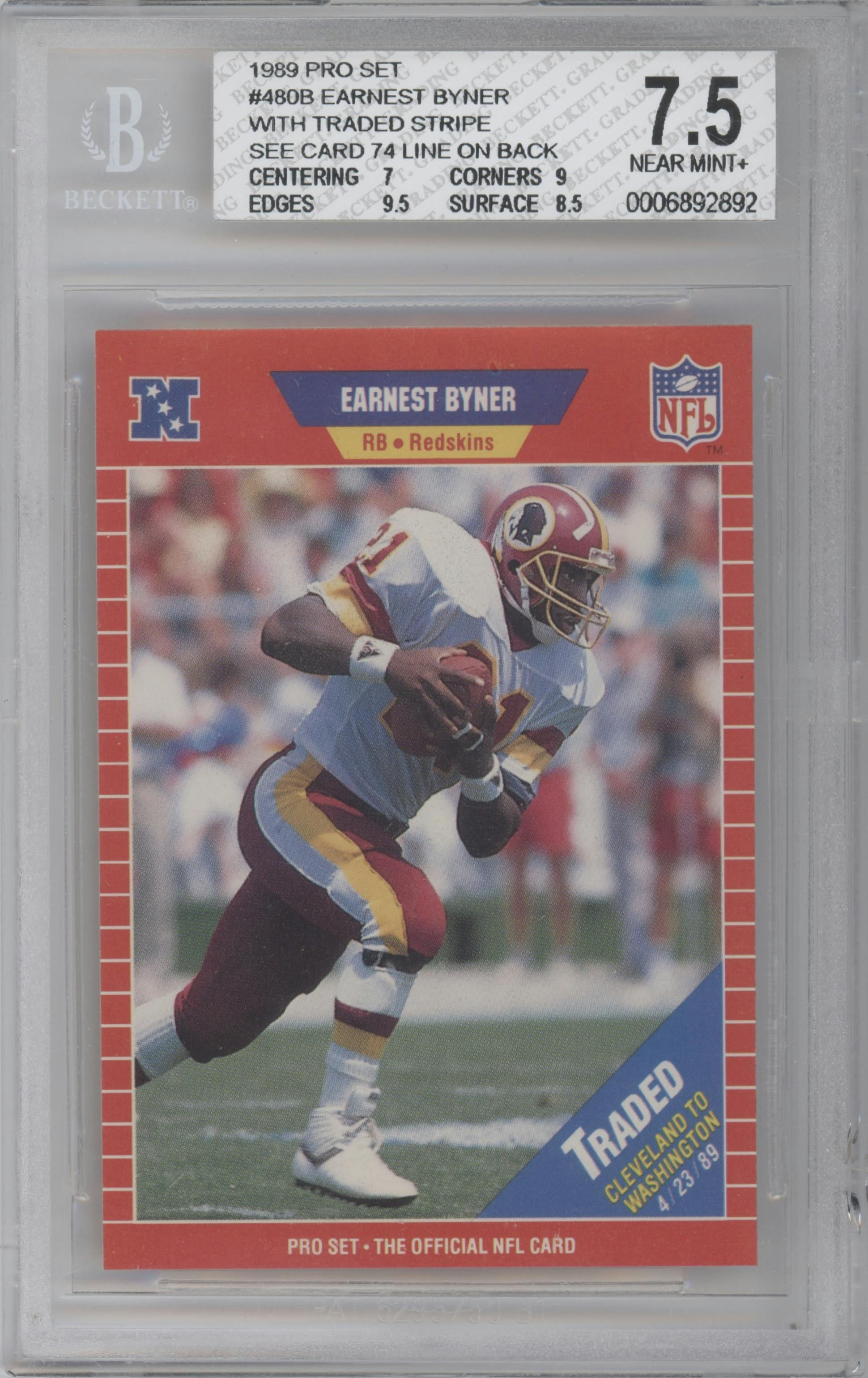 Earnest Byner from the 1989 Pro Set set featuring a Variation parallel graded by Beckett and given an overall grade of 7.5.
