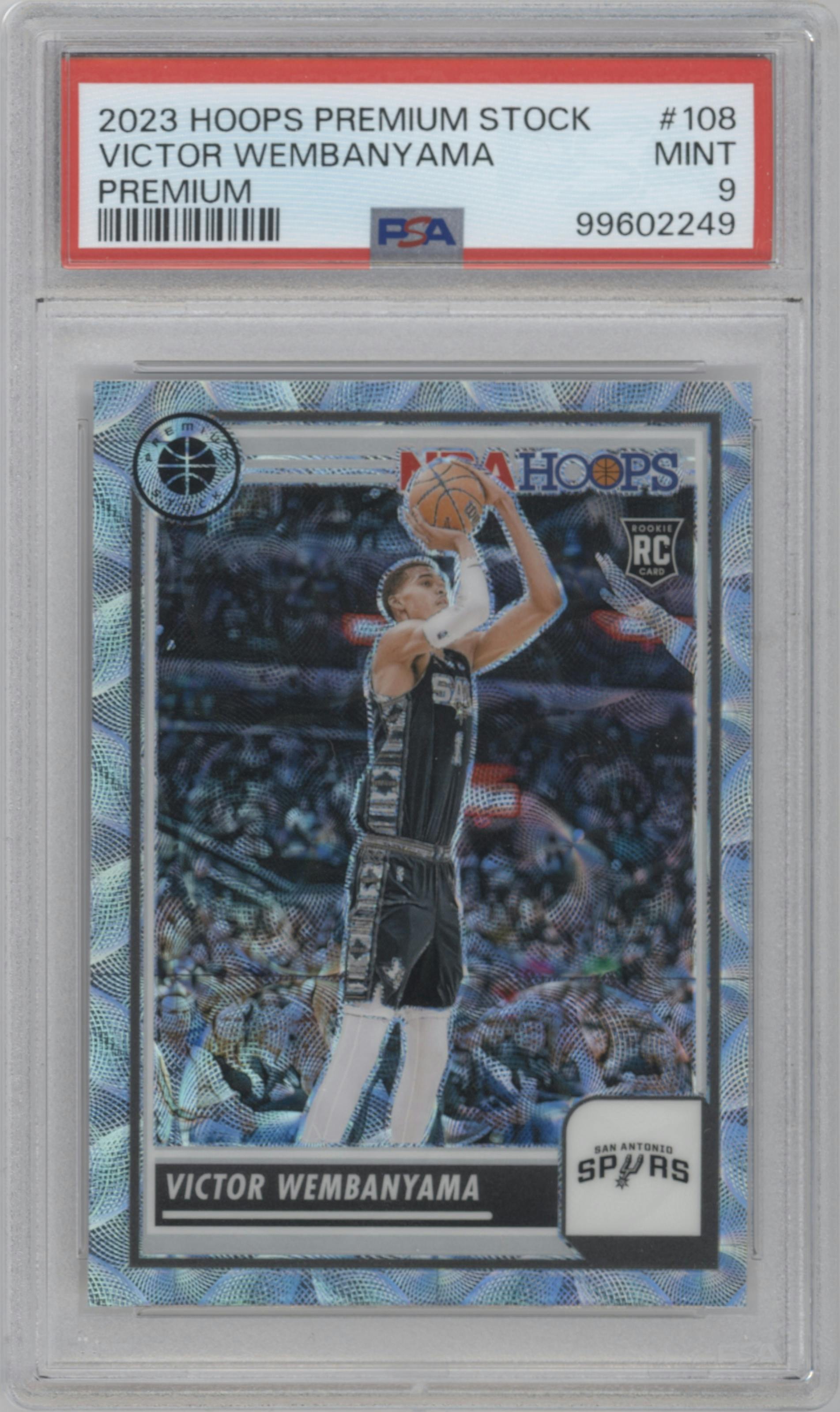 Victor Wembanyama from the 2023-24 Panini Hoops Premium Stock set featuring a Premium parallel graded by PSA and given an overall grade of 9.