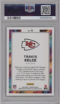Travis Kelce from the 2024 Panini Obsidian set graded by PSA and given an overall grade of 10.